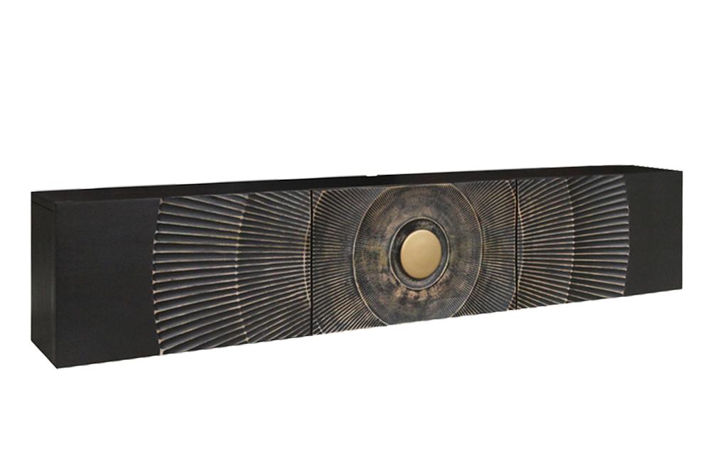 Buffet TV suspendu GOLDEN SUNSET 160cm en bois de manguier noir avec sculptures 3D dorées faites à la main