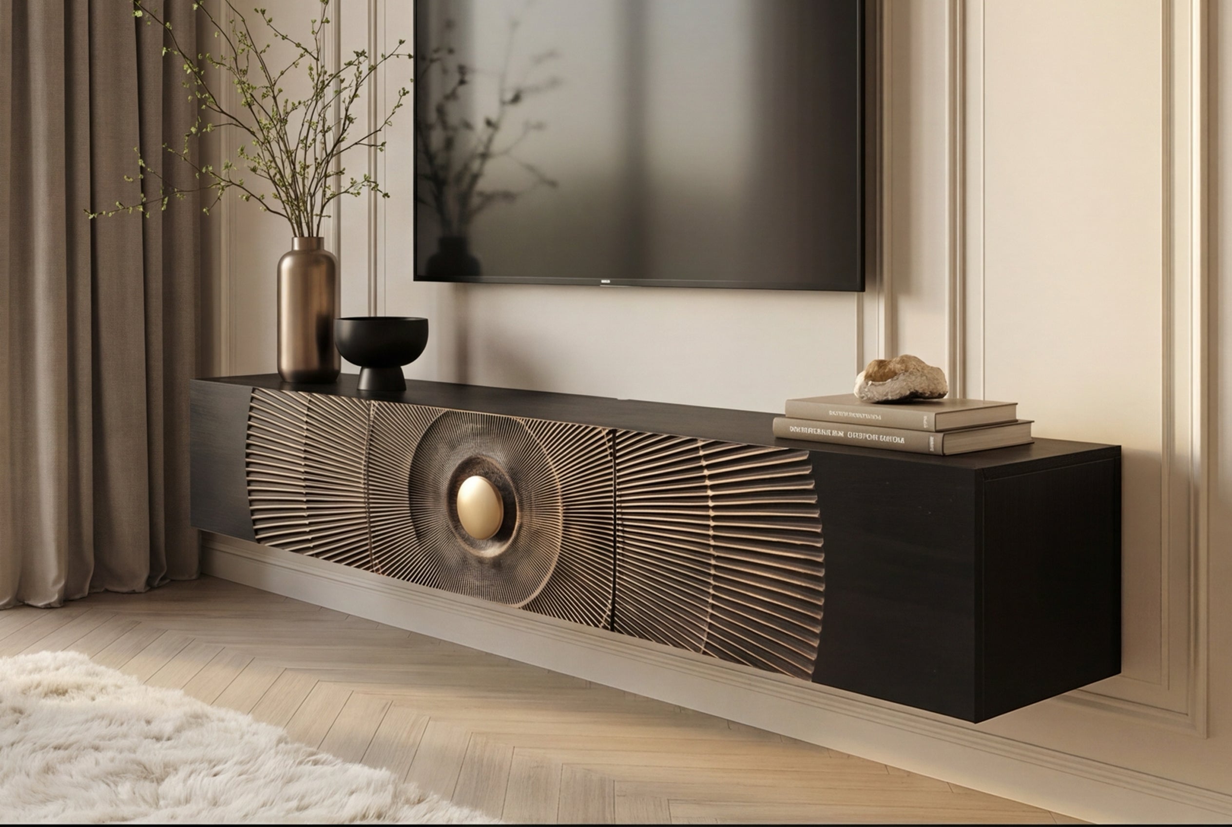Buffet TV suspendu GOLDEN SUNSET 160cm en bois de manguier noir avec sculptures 3D dorées faites à la main