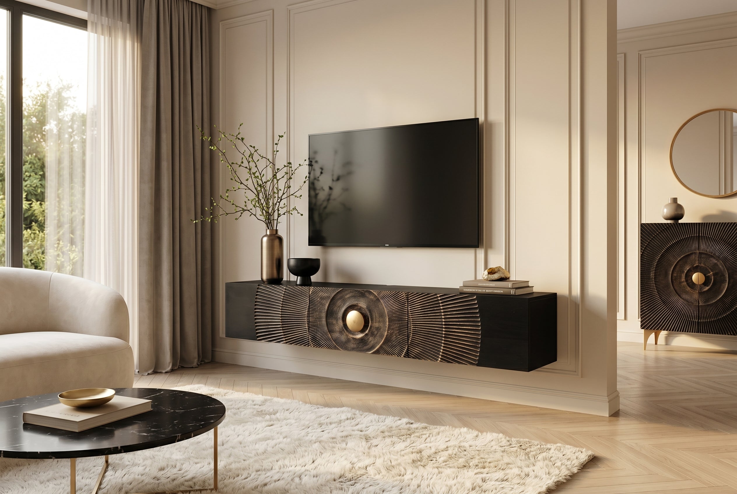 Buffet TV suspendu GOLDEN SUNSET 160cm en bois de manguier noir avec sculptures 3D dorées faites à la main