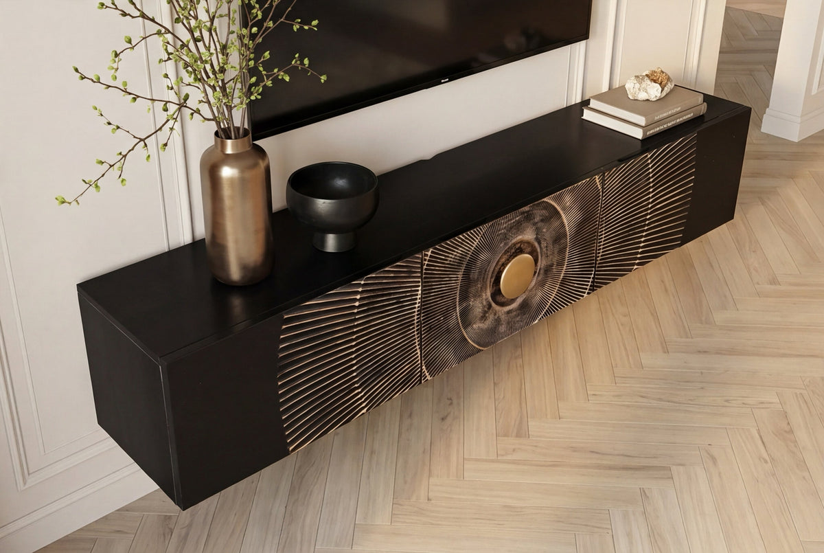 Buffet TV suspendu GOLDEN SUNSET 160cm en bois de manguier noir avec sculptures 3D dorées faites à la main