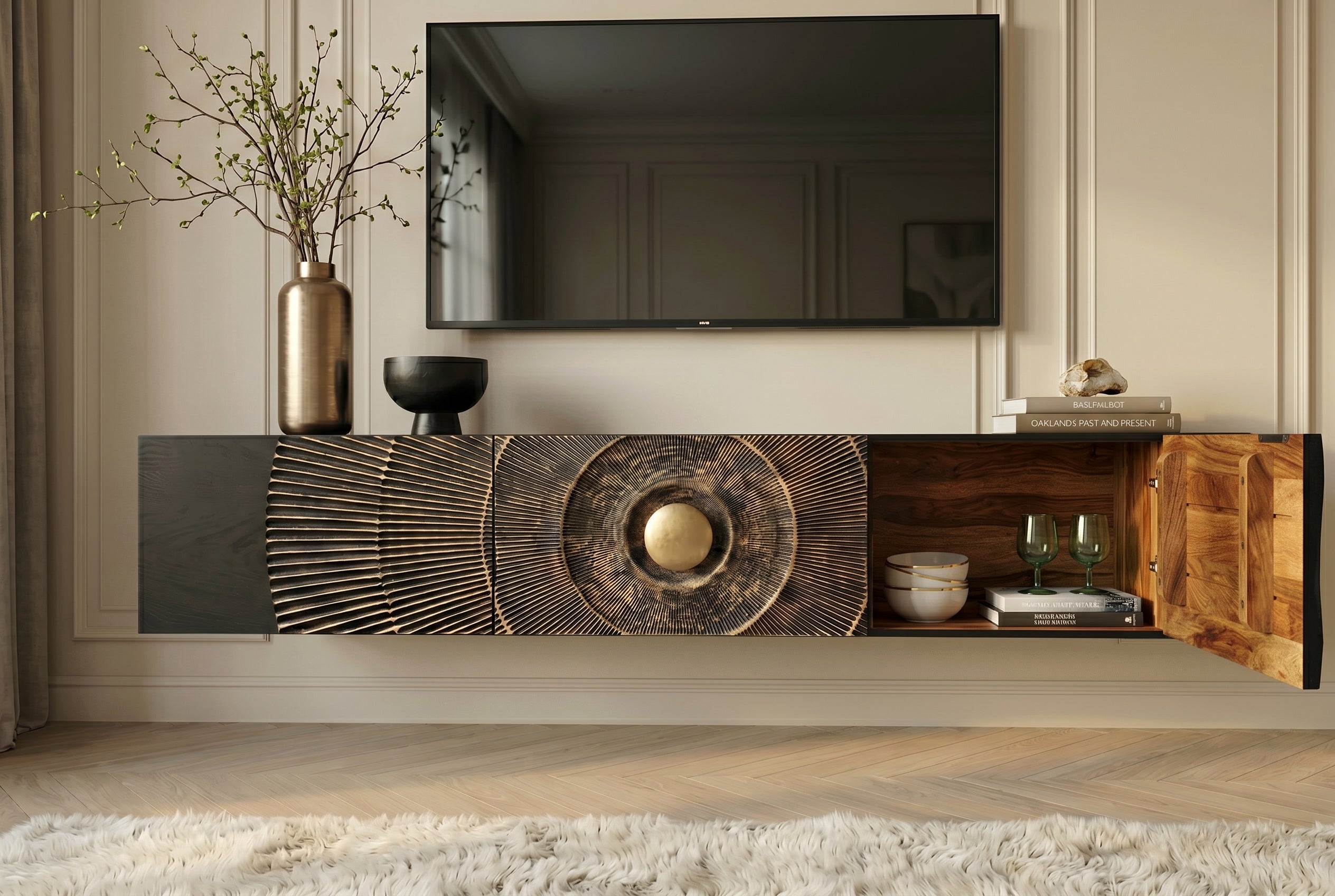 Buffet TV suspendu GOLDEN SUNSET 160cm en bois de manguier noir avec sculptures 3D dorées faites à la main