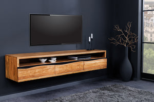 Buffet TV suspendu MAMMUT 160cm acacia marron finition miel bord d’arbre en bois massif