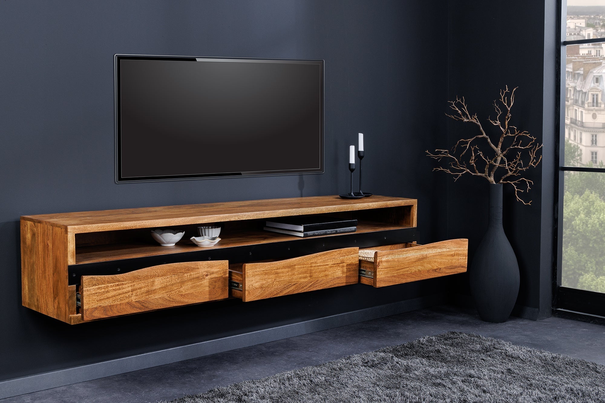 Buffet TV suspendu MAMMUT 160cm acacia marron finition miel bord d’arbre en bois massif