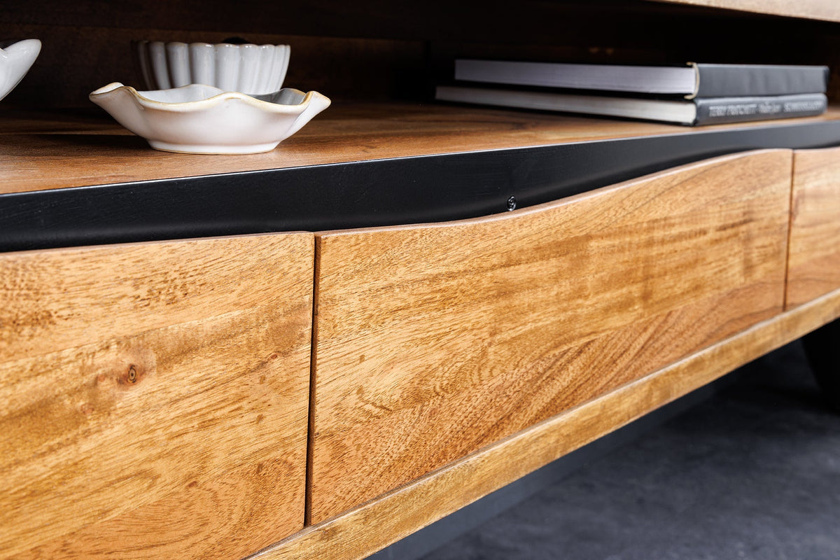 Buffet TV suspendu MAMMUT 160cm acacia marron finition miel bord d’arbre en bois massif