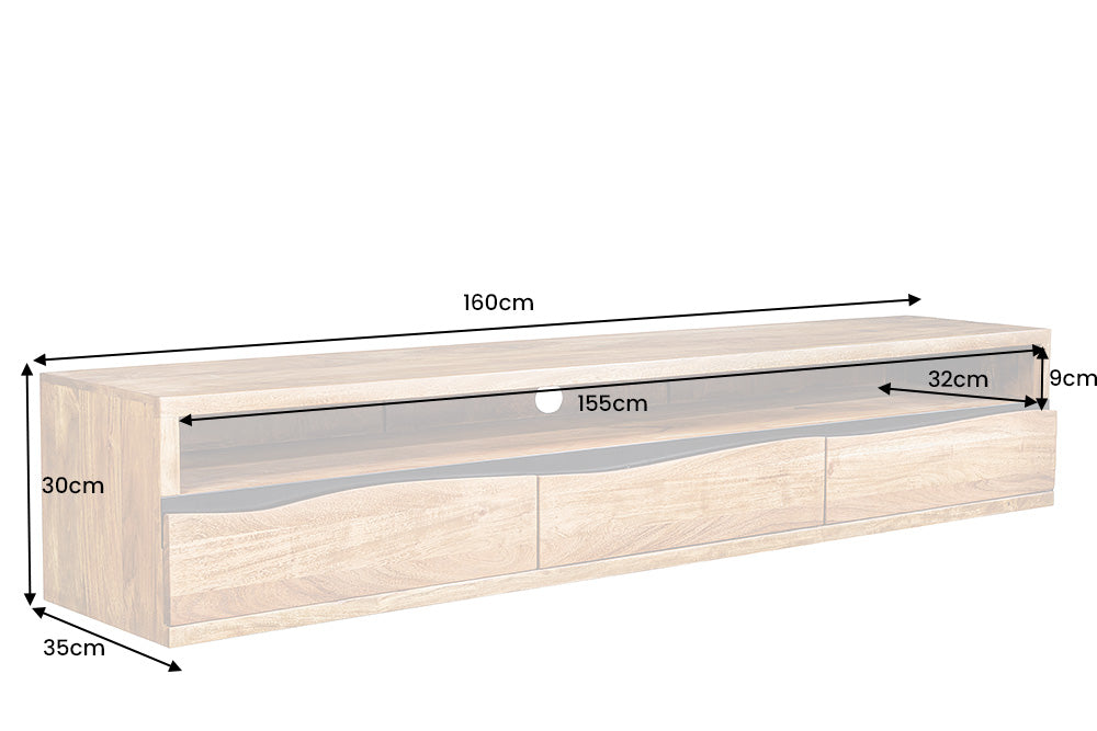 Buffet TV suspendu MAMMUT 160cm acacia marron finition miel bord d’arbre en bois massif