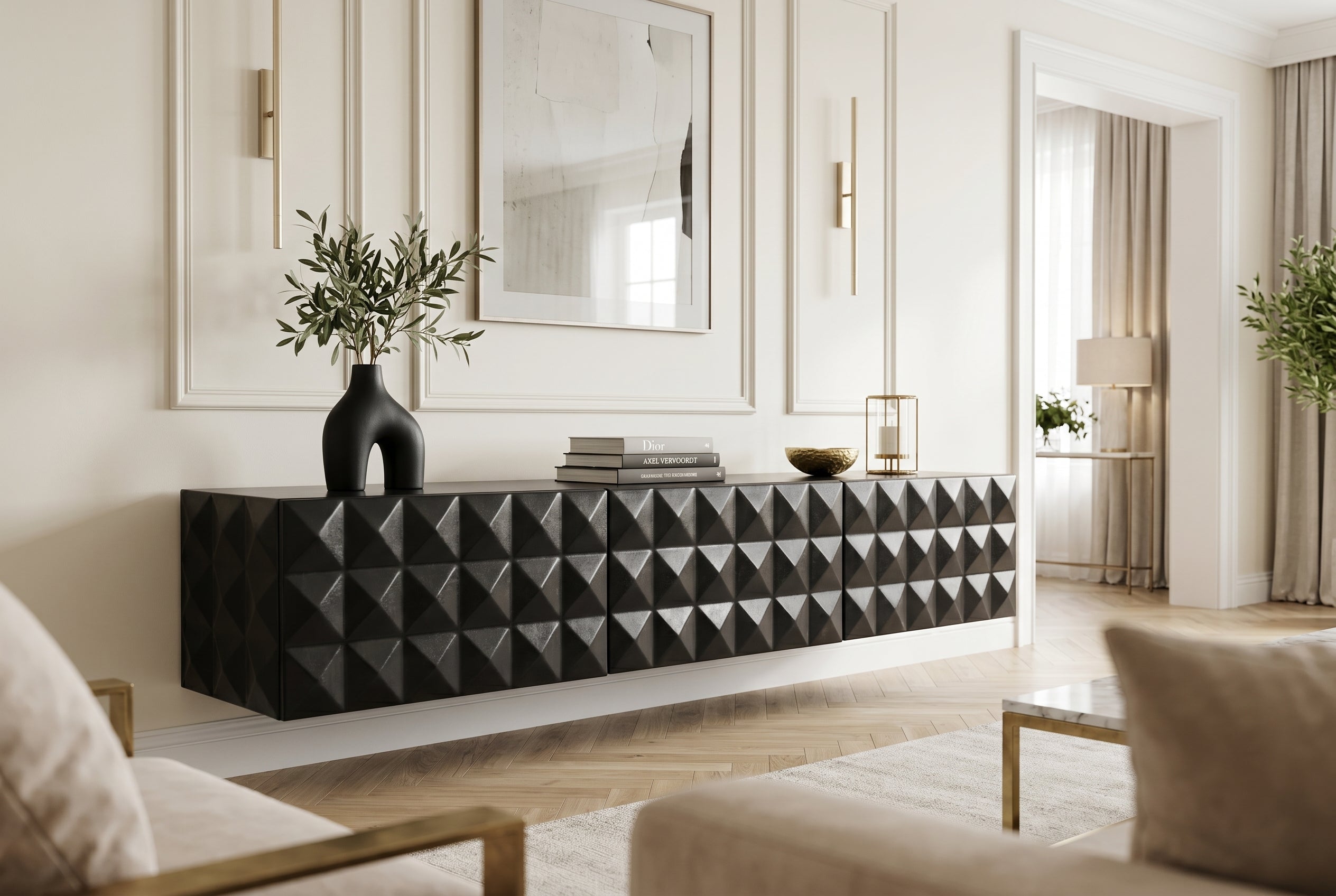 Buffet TV suspendu VULCANO 160cm bois de manguier massif noir