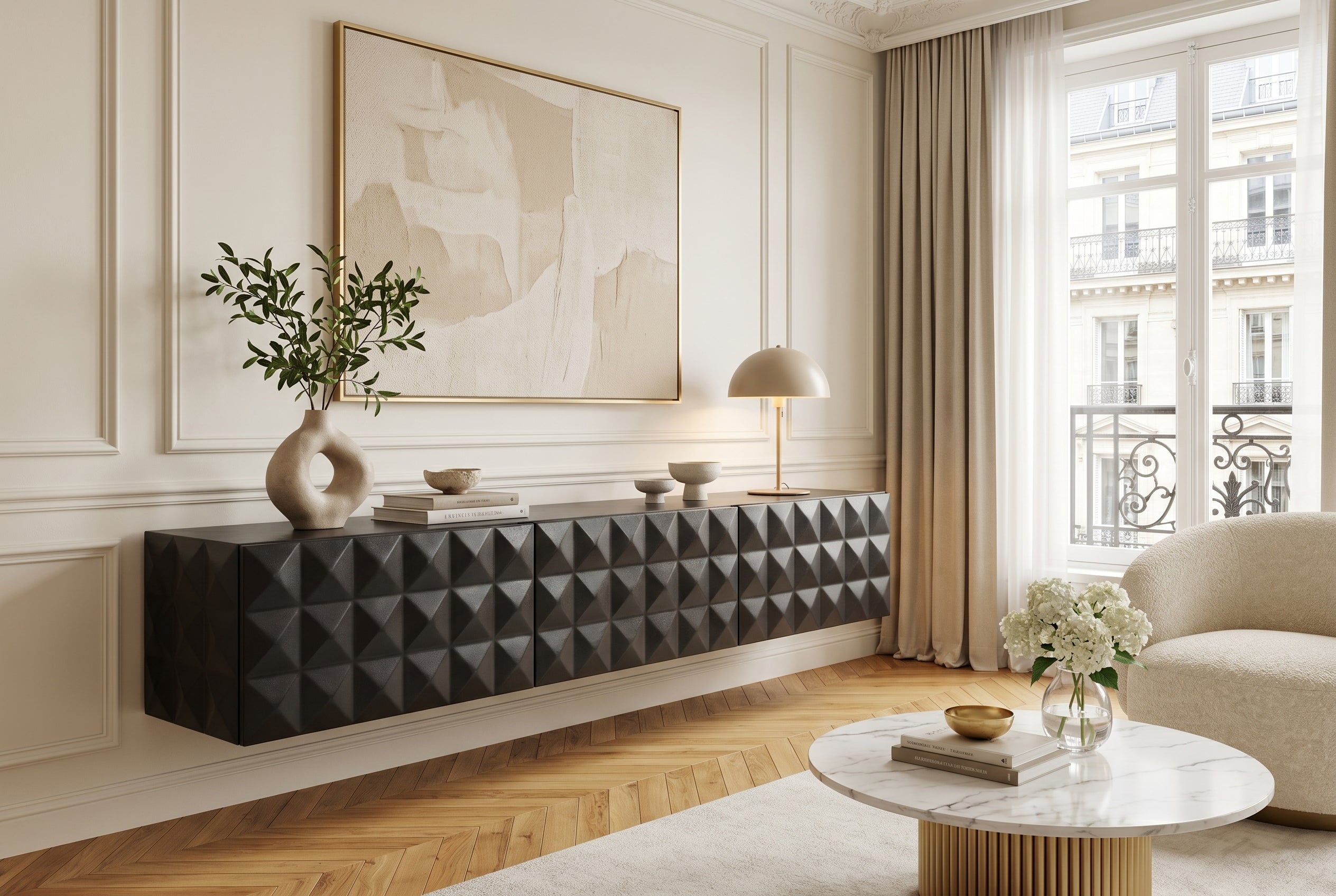 Buffet TV suspendu VULCANO 160cm bois de manguier massif noir