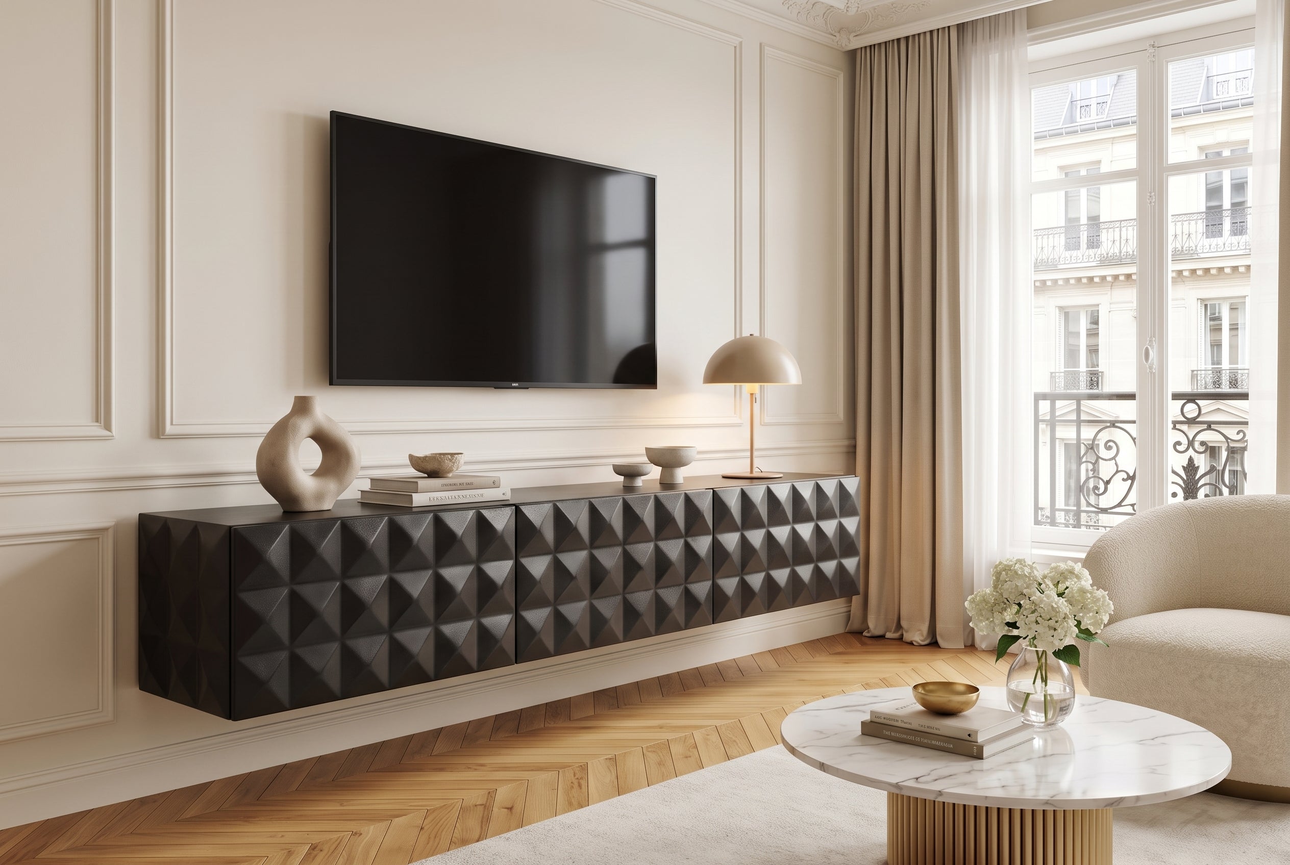 Buffet TV suspendu VULCANO 160cm bois de manguier massif noir