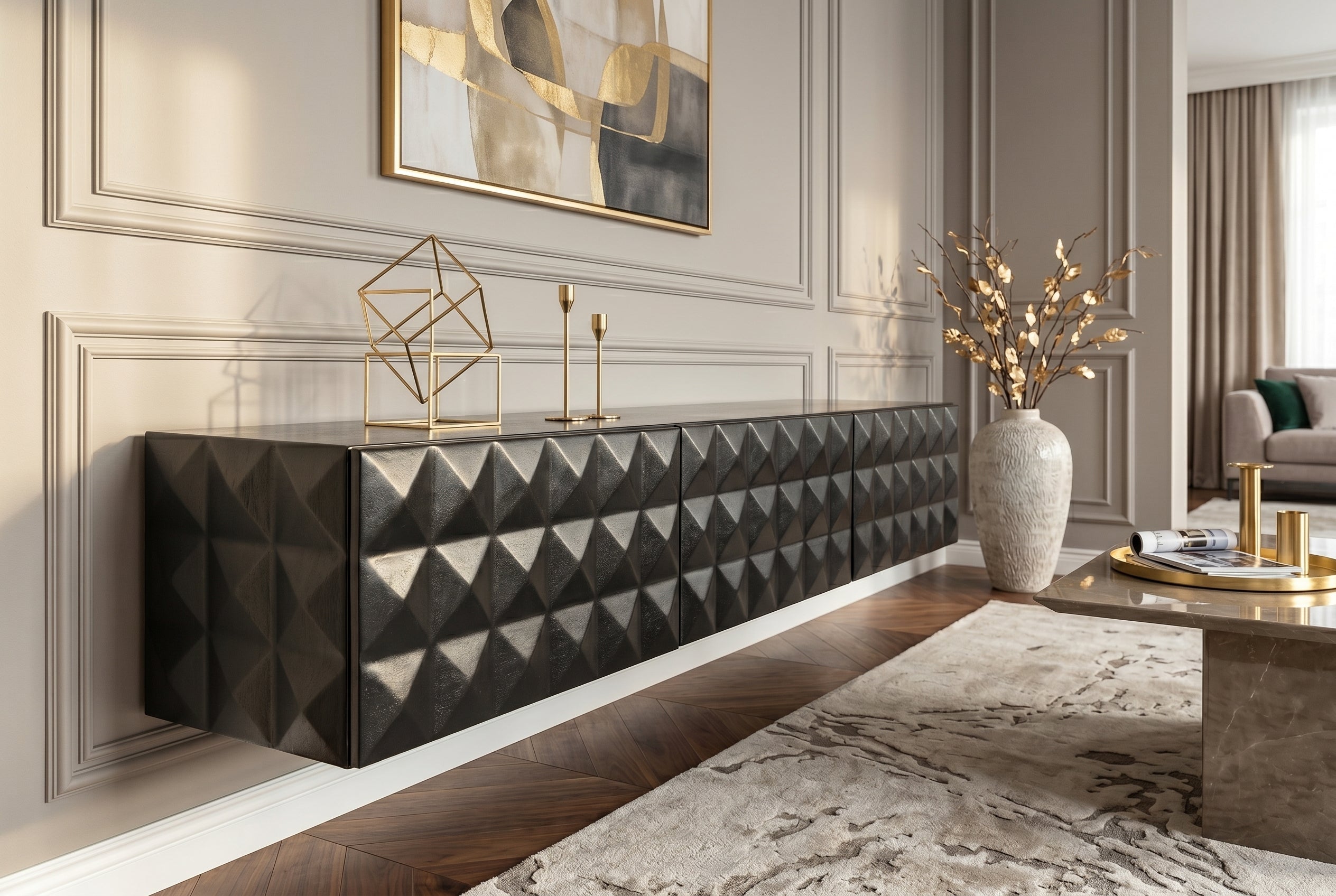 Buffet TV suspendu VULCANO 160cm bois de manguier massif noir