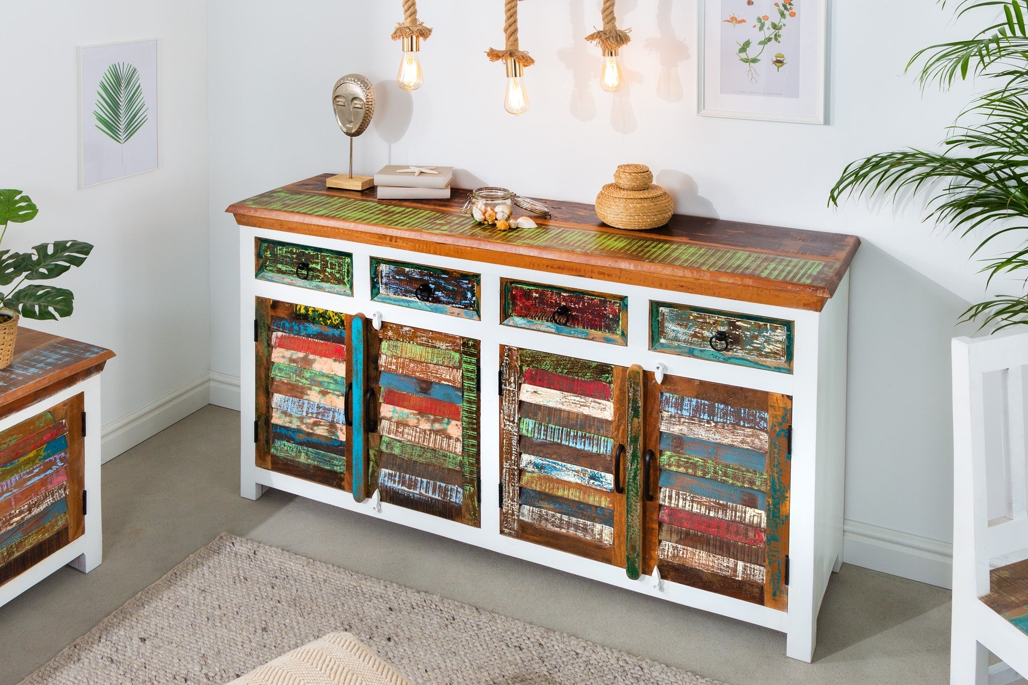 Buffet unique JAKARTA 160cm blanc coloré en bois massif recyclé provenant de bateaux de pêche