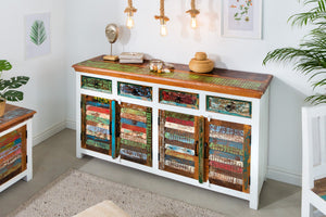 Buffet unique JAKARTA 160cm blanc coloré en bois massif recyclé provenant de bateaux de pêche