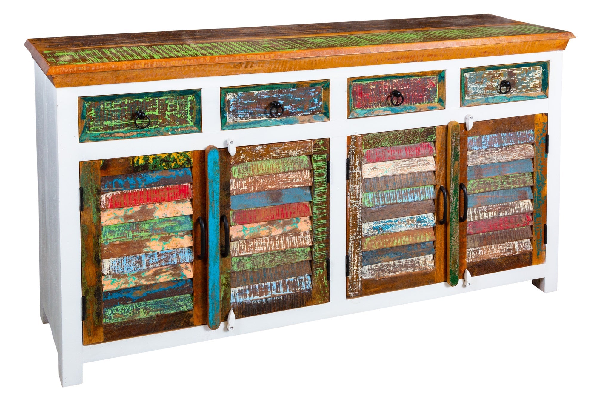 Buffet unique JAKARTA 160cm blanc coloré en bois massif recyclé provenant de bateaux de pêche