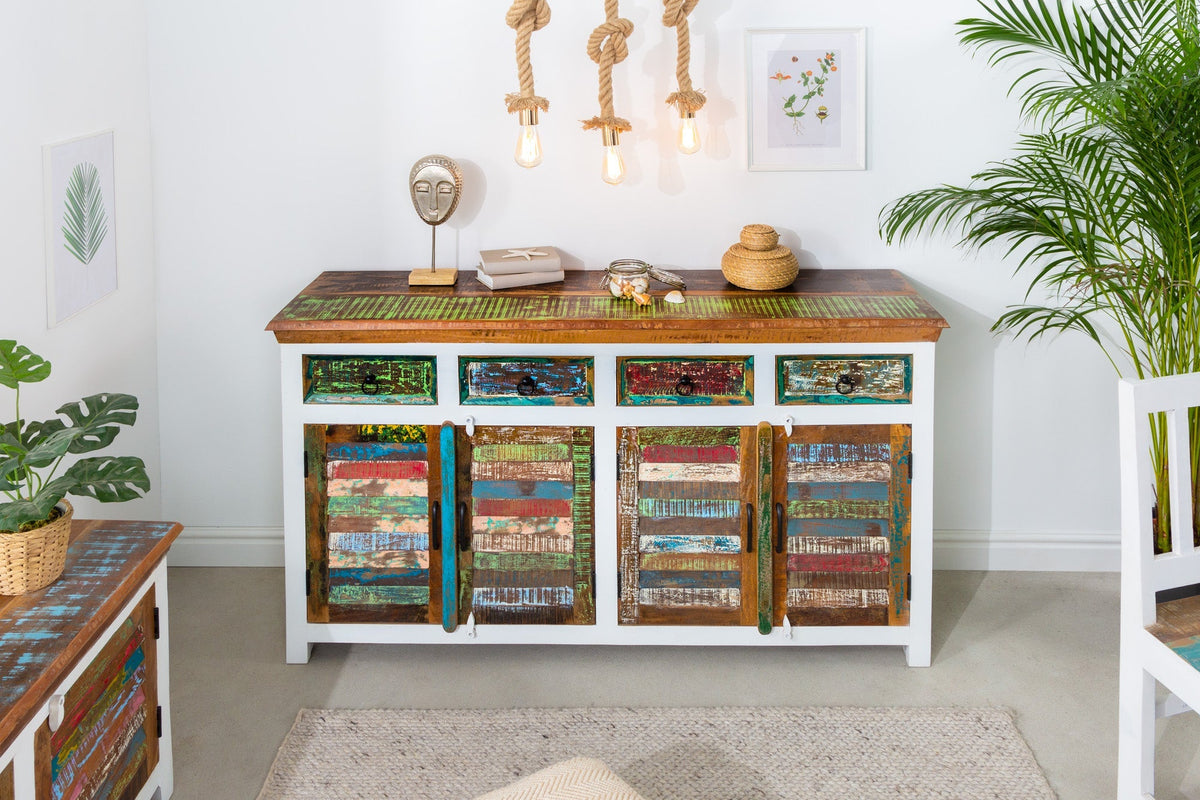 Buffet unique JAKARTA 160cm blanc coloré en bois massif recyclé provenant de bateaux de pêche