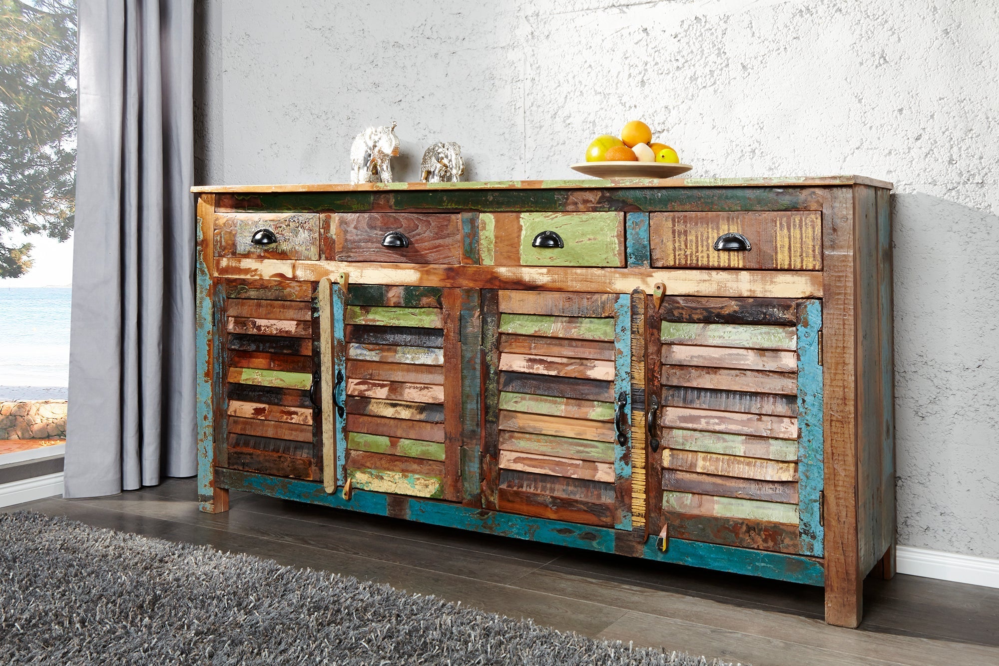 Buffet unique JAKARTA 160cm en bois massif recyclé coloré provenant de bateaux de pêche