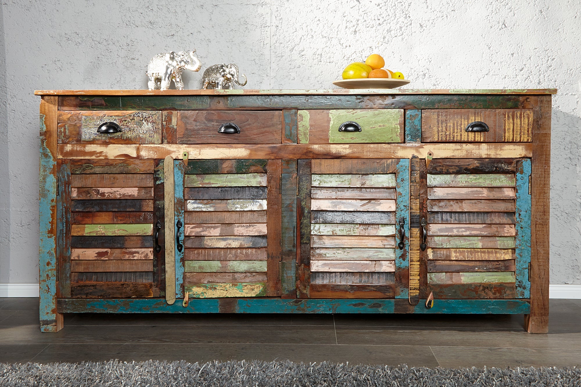Buffet unique JAKARTA 160cm en bois massif recyclé coloré provenant de bateaux de pêche