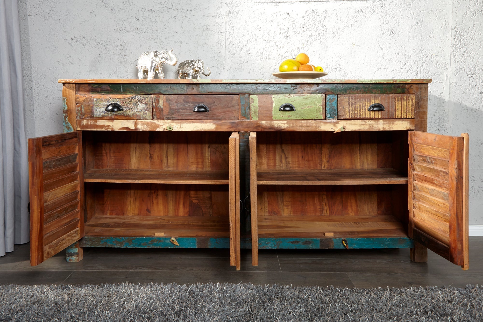 Buffet unique JAKARTA 160cm en bois massif recyclé coloré provenant de bateaux de pêche