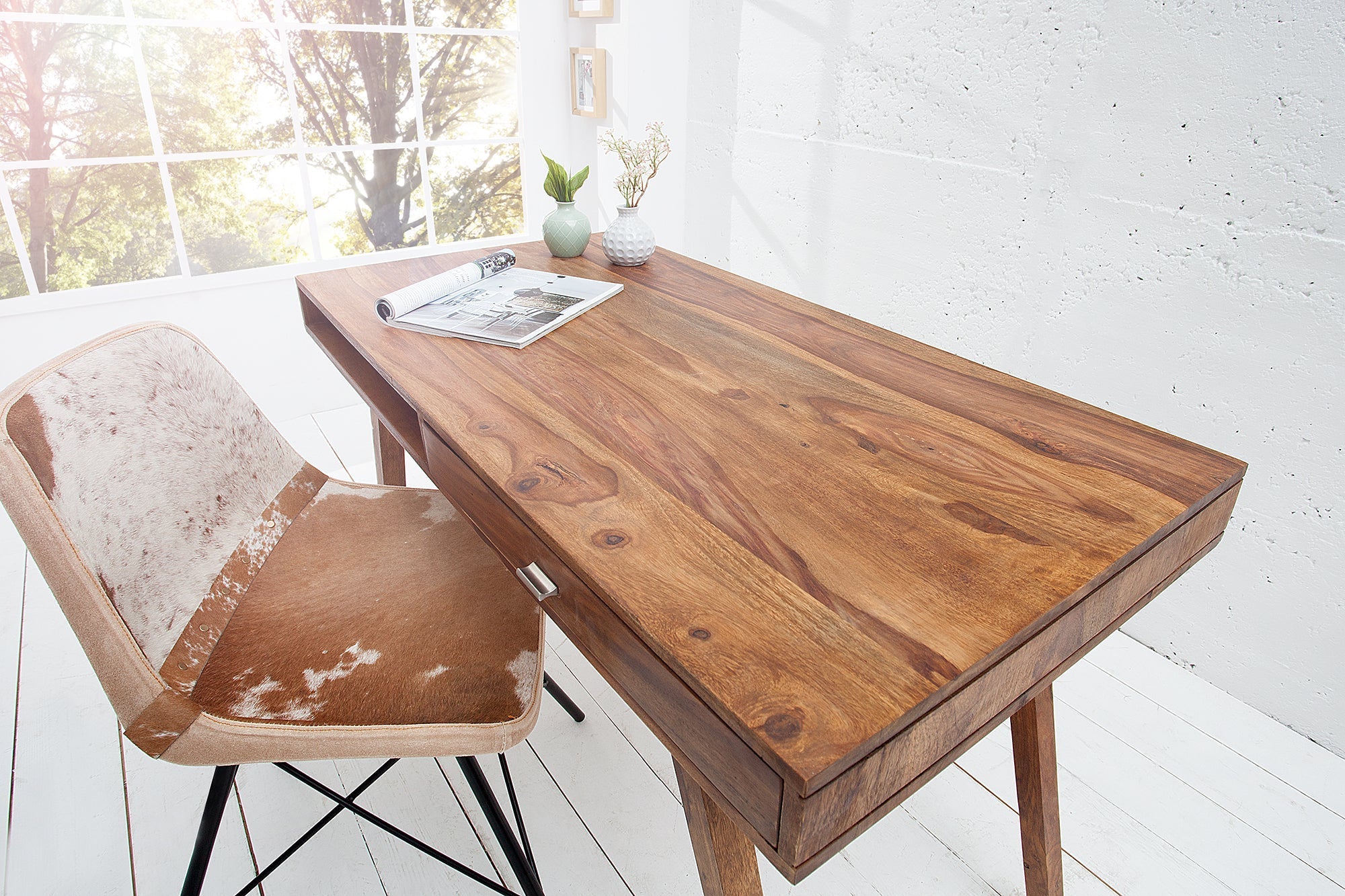 Bureau design RETRO 120cm bois de sheesham marron finition pierre design classique