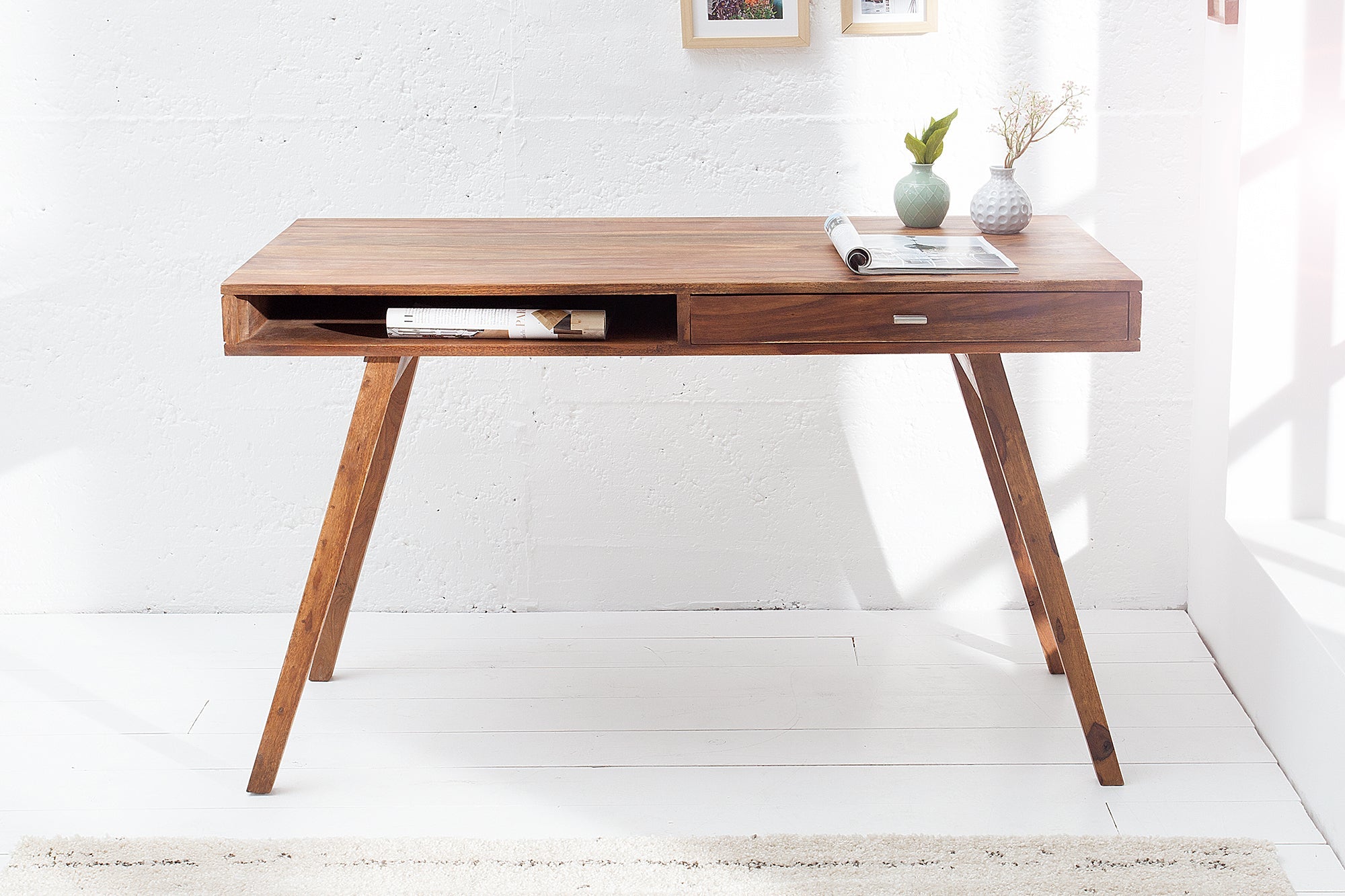 Bureau design RETRO 120cm bois de sheesham marron finition pierre design classique