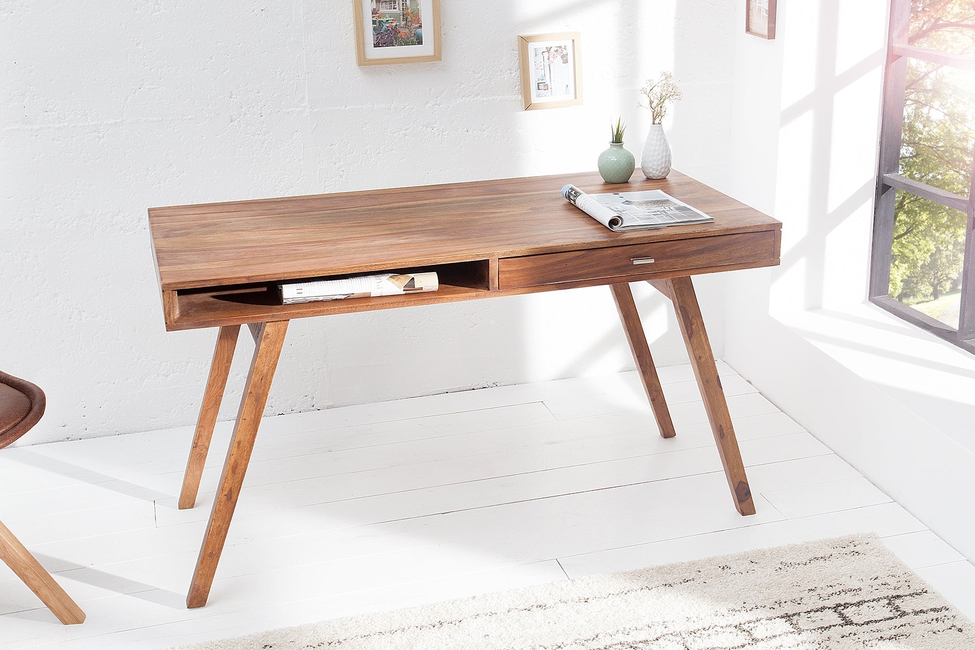 Bureau design RETRO 120cm bois de sheesham marron finition pierre design classique