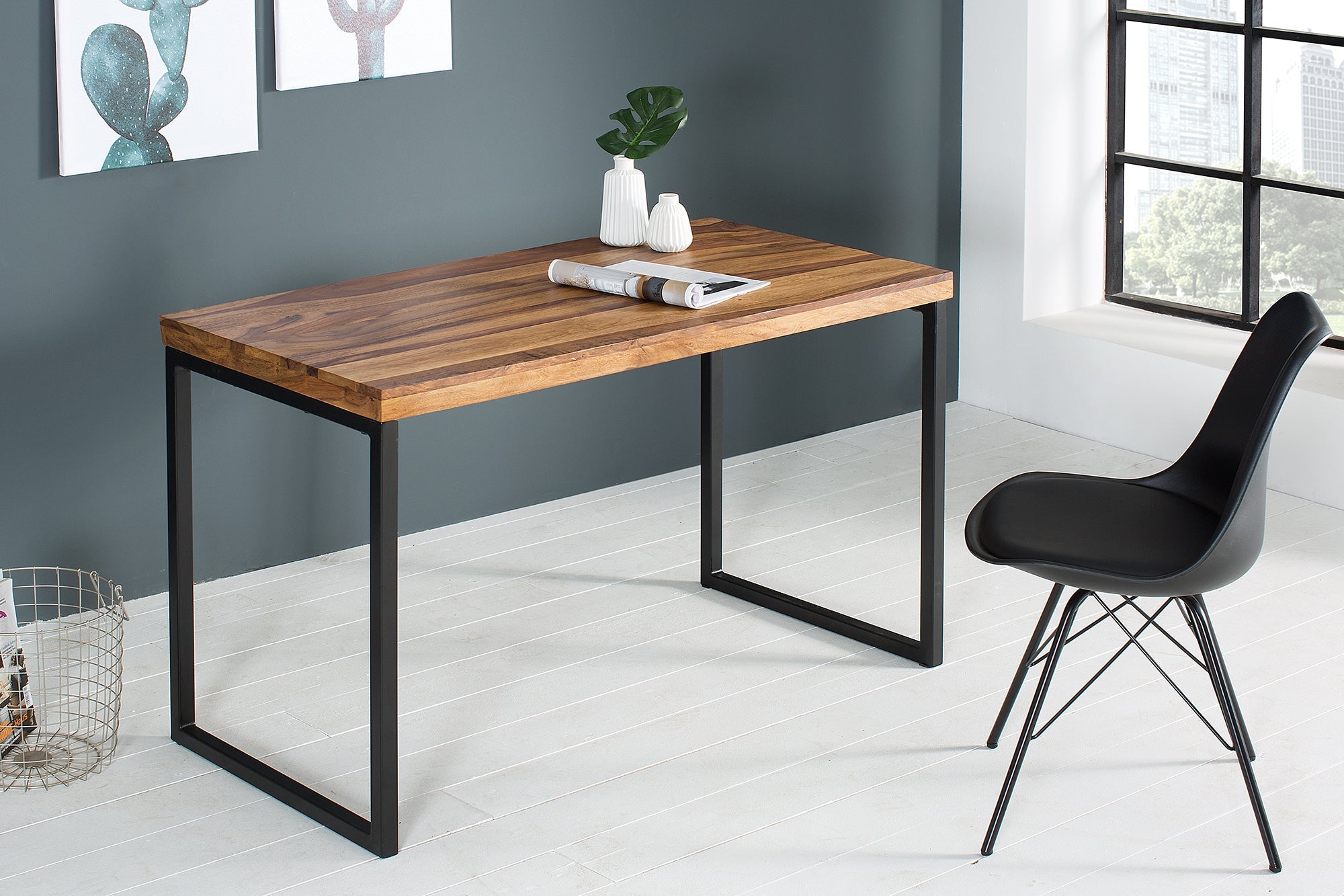 Bureau élégant ELEMENTS 118cm structure métal finition pierre Sheesham marron