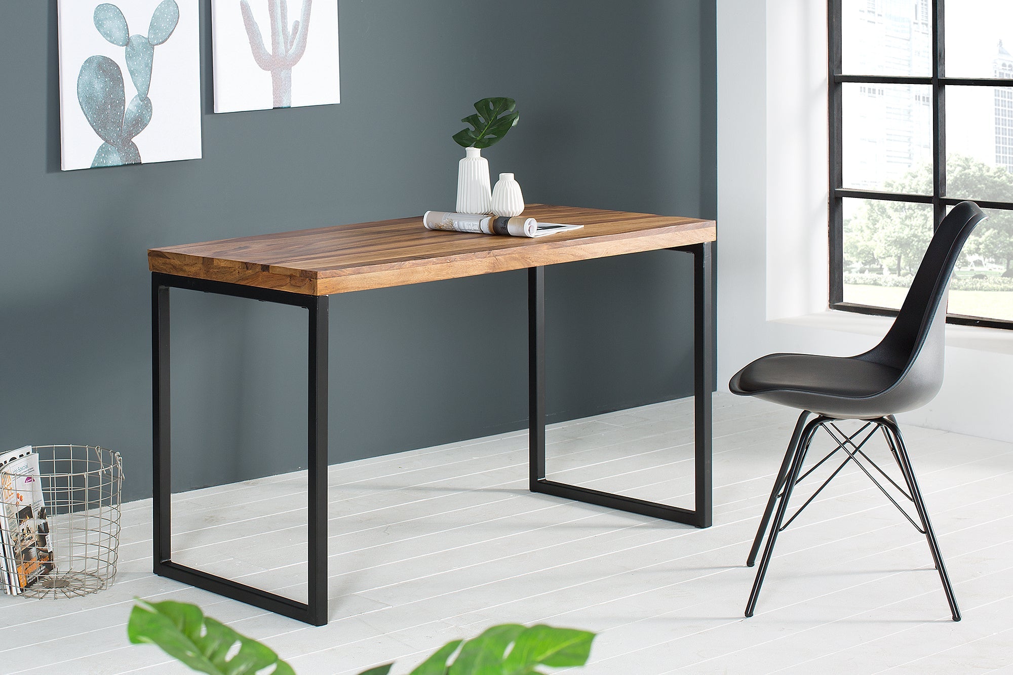 Bureau élégant ELEMENTS 118cm structure métal finition pierre Sheesham marron