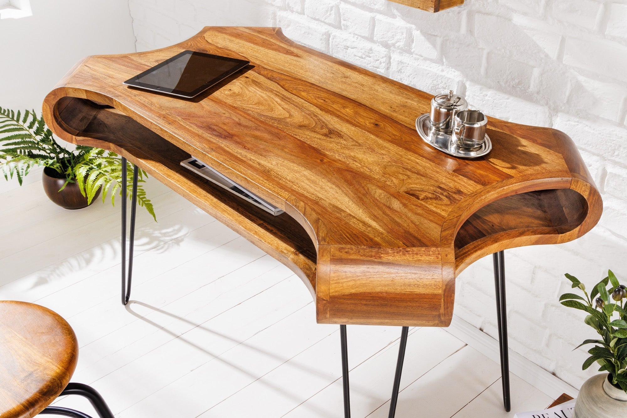 Bureau en bois massif ORGANIC LIVING 120cm finition pierre de Sheesham marron avec rangements