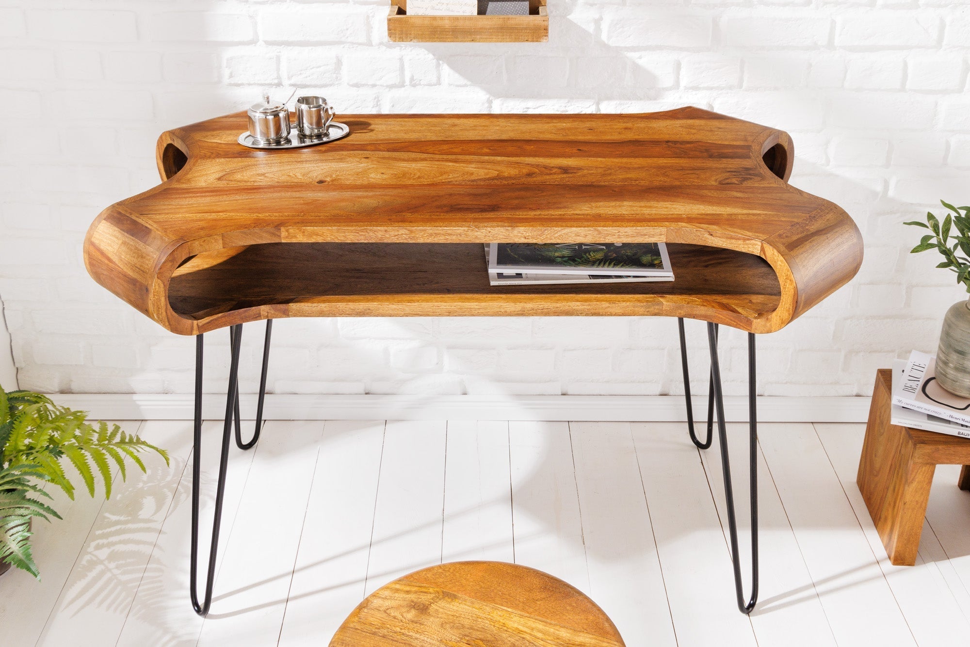 Bureau en bois massif ORGANIC LIVING 120cm finition pierre de Sheesham marron avec rangements