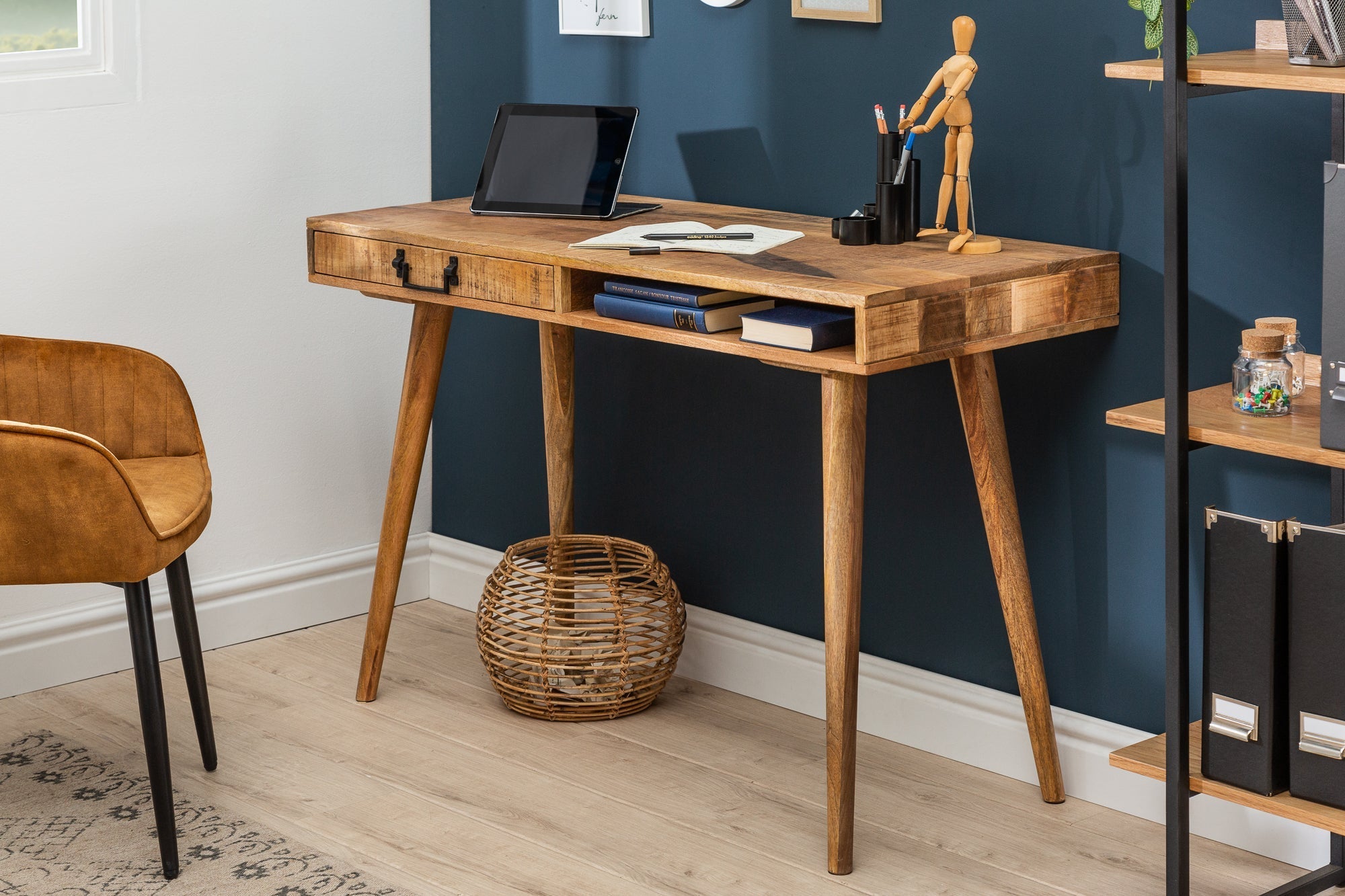 Bureau massif RETRO 120cm table de bureau en manguier avec tiroir