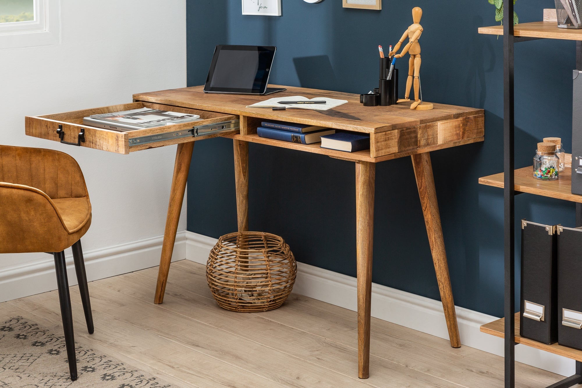 Bureau massif RETRO 120cm table de bureau en manguier avec tiroir