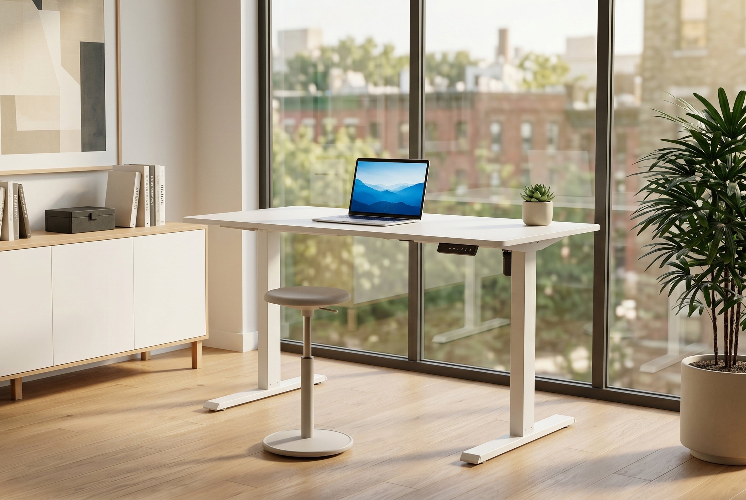 Bureau réglable en hauteur WHITE DESK Table de bureau structure métal blanc 140 cm
