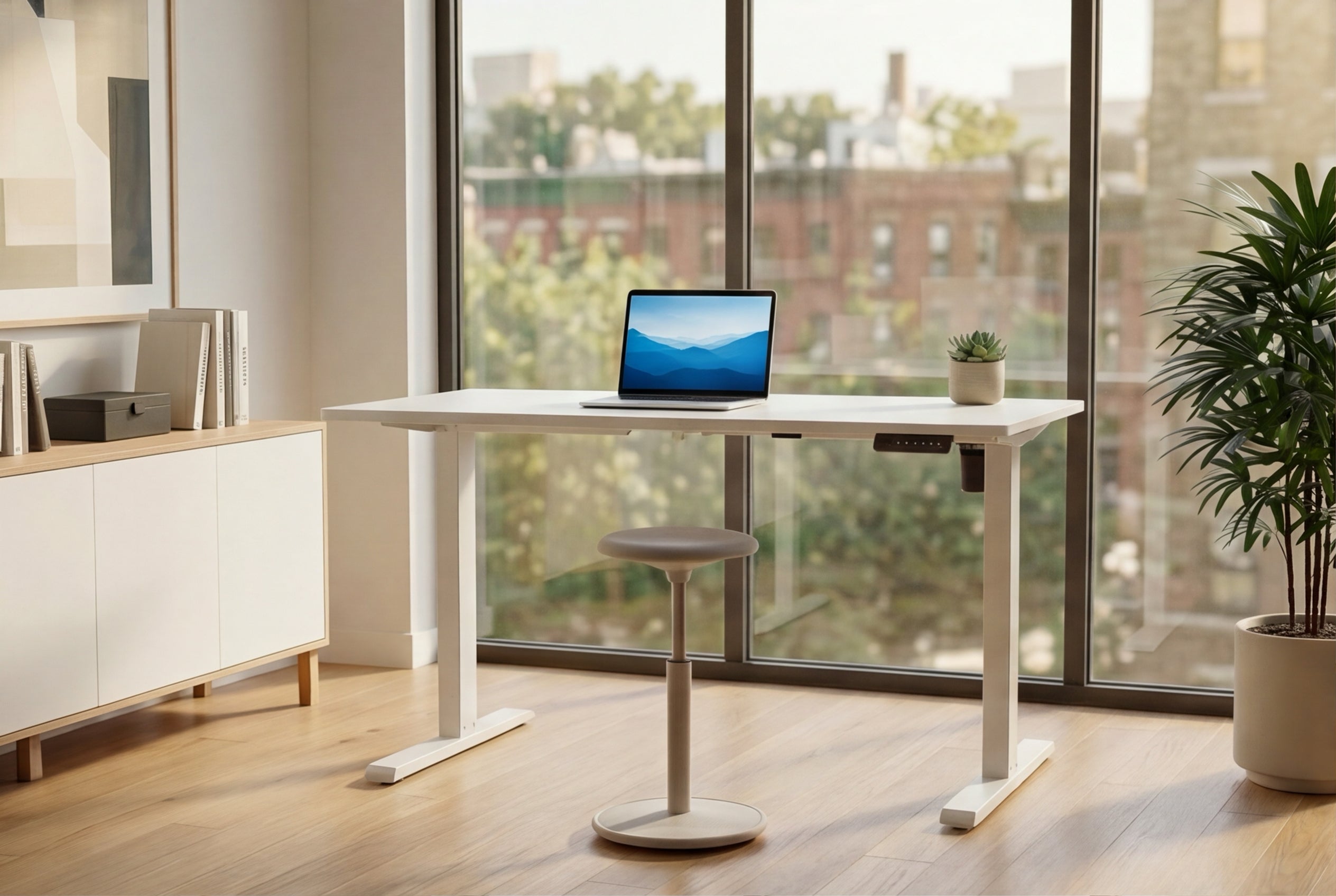 Bureau réglable en hauteur WHITE DESK Table de bureau structure métal blanc 140 cm