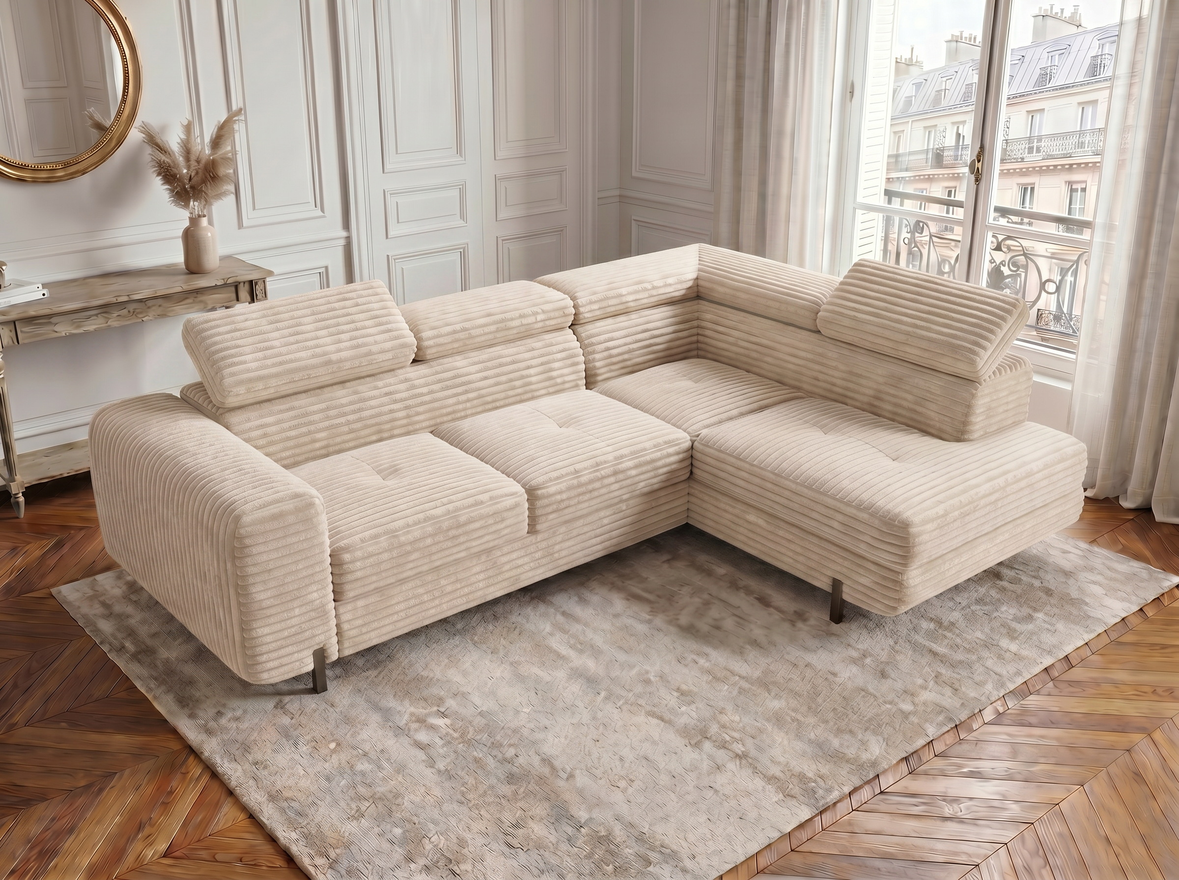 Canapé d'angle convertible Iéna – Velours côtelé épais beige – photo 4