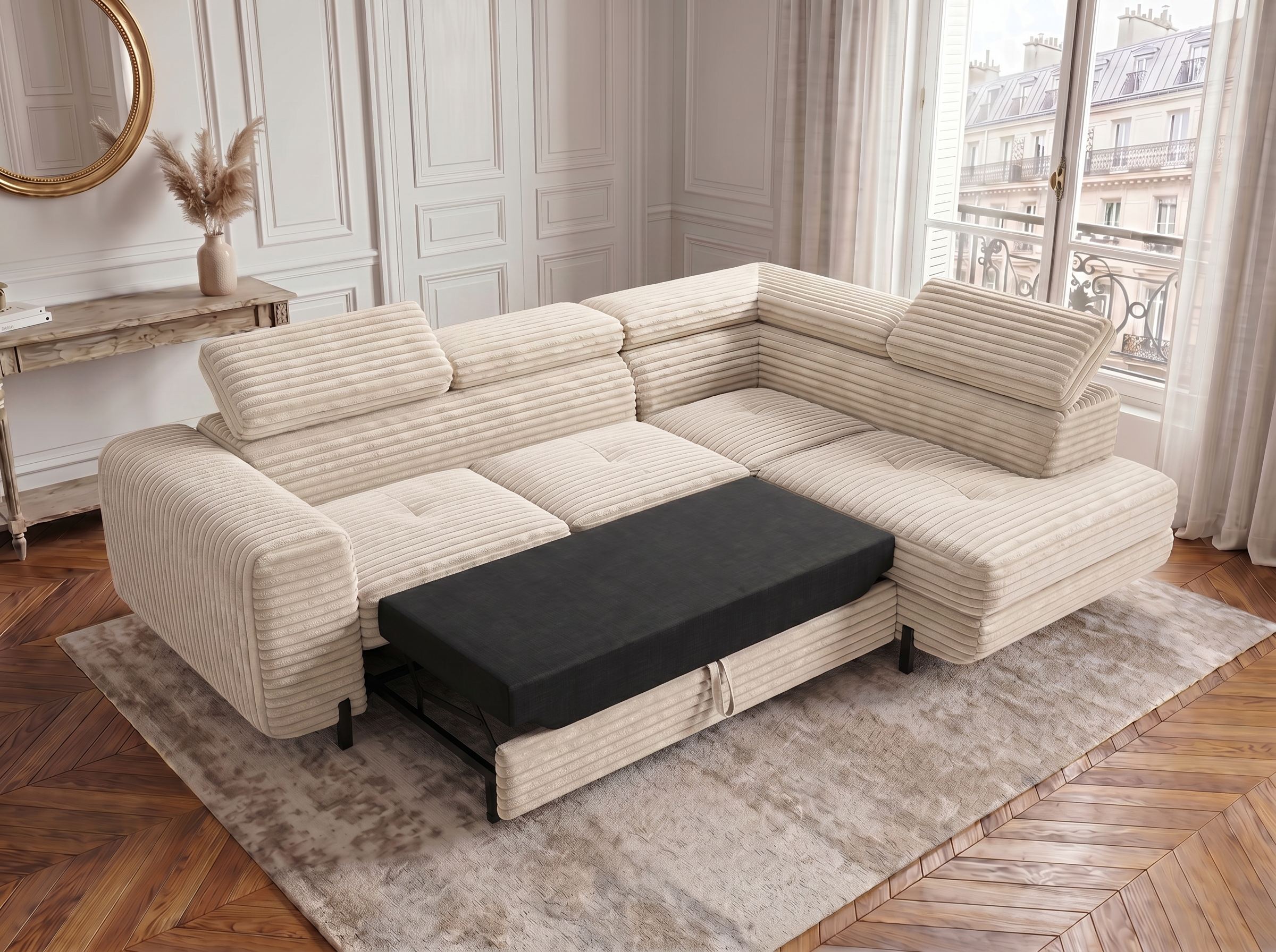 Canapé d'angle convertible Iéna – Velours côtelé épais beige – photo 7