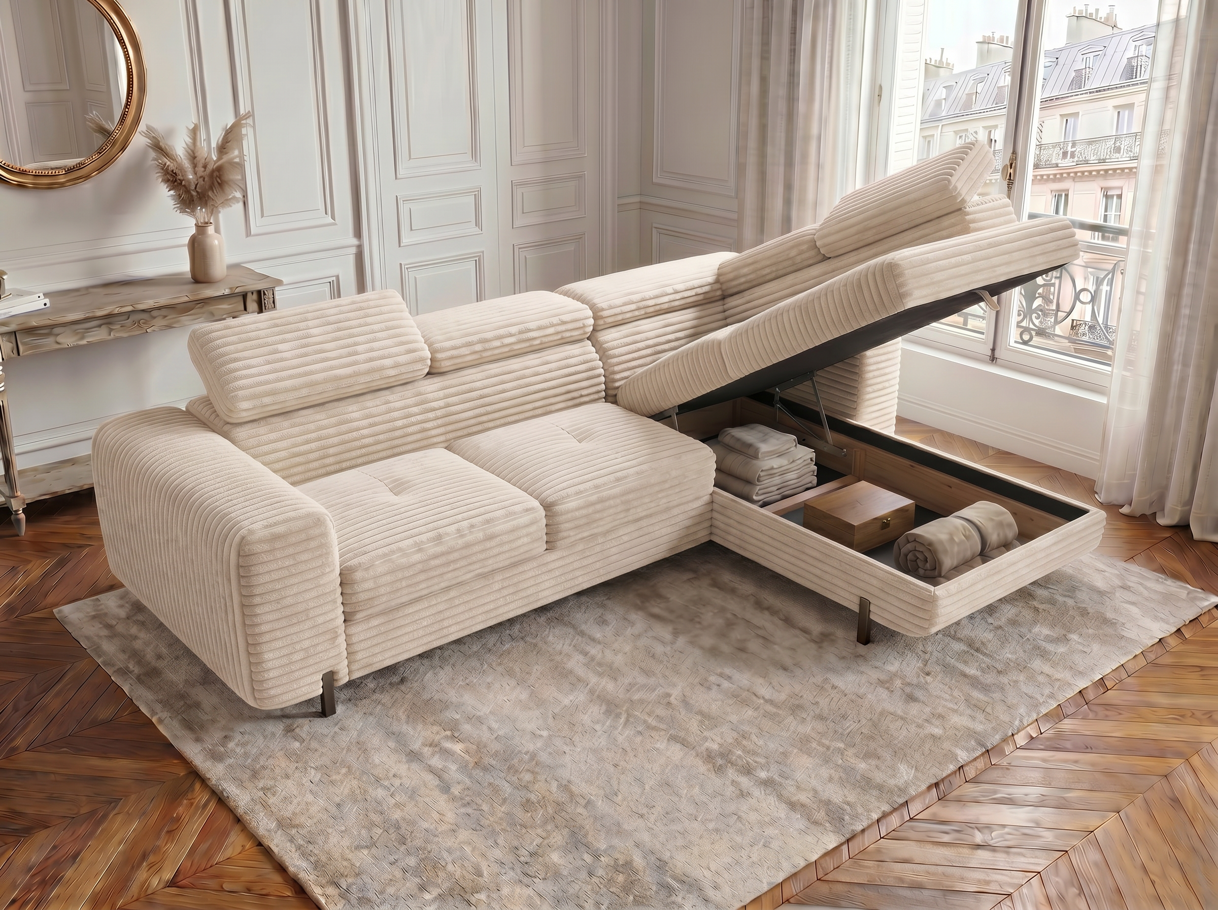 Canapé d'angle convertible Iéna – Velours côtelé épais beige – photo 8