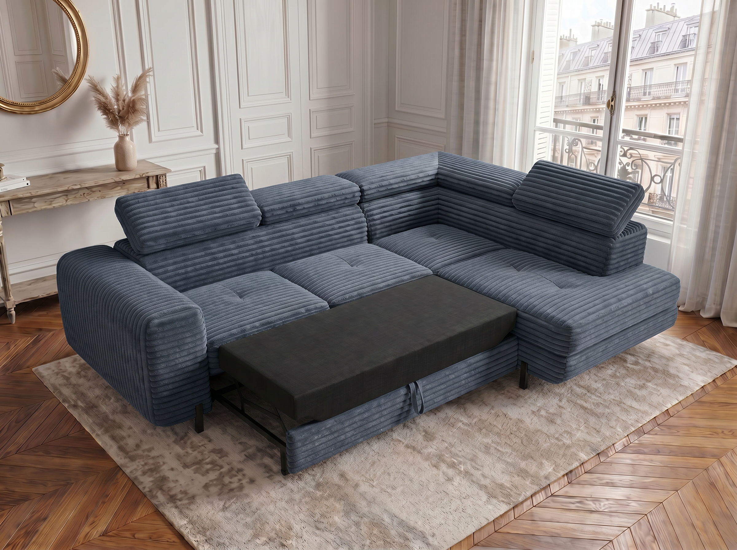 Canapé d'angle convertible Iéna – Velours côtelé épais bleu – photo 6