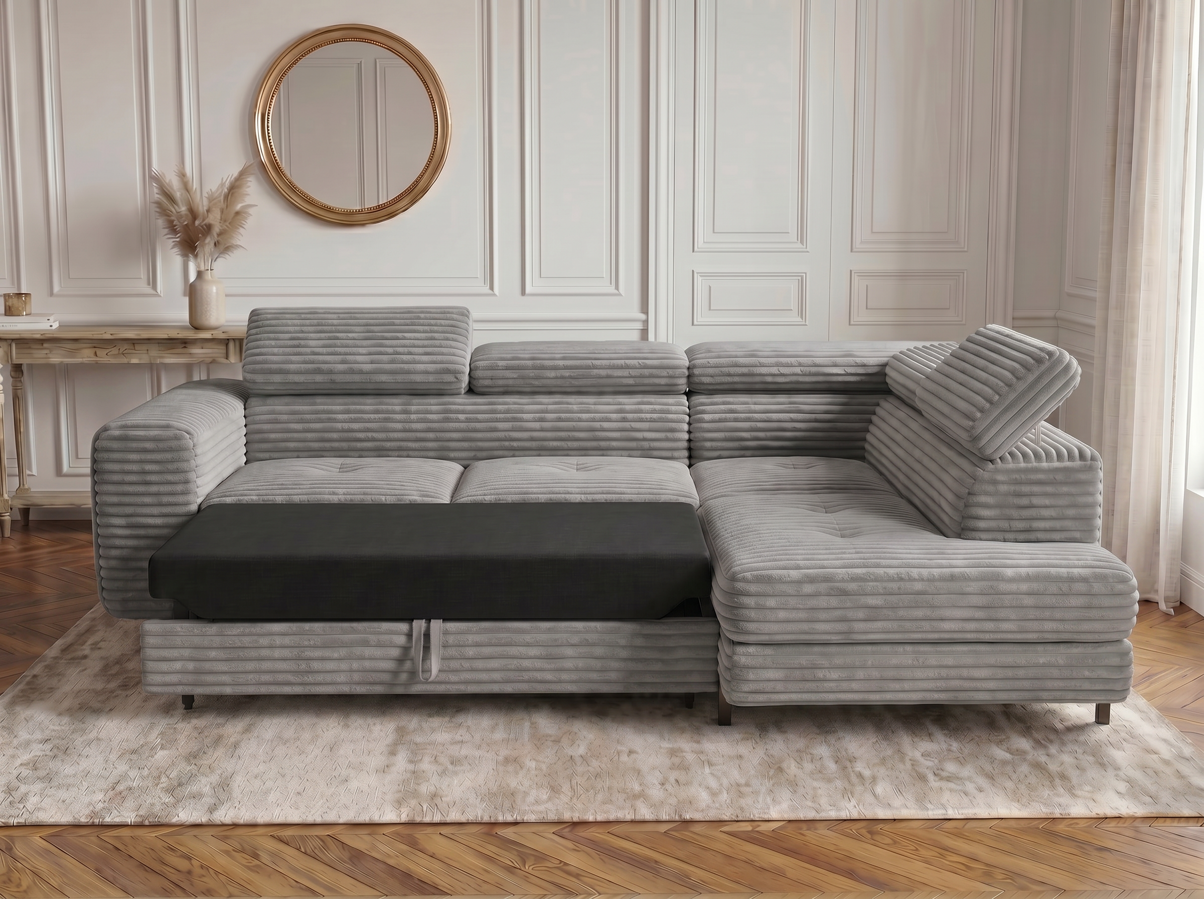 Canapé d'angle convertible Iéna – Velours côtelé épais gris clair – photo 2