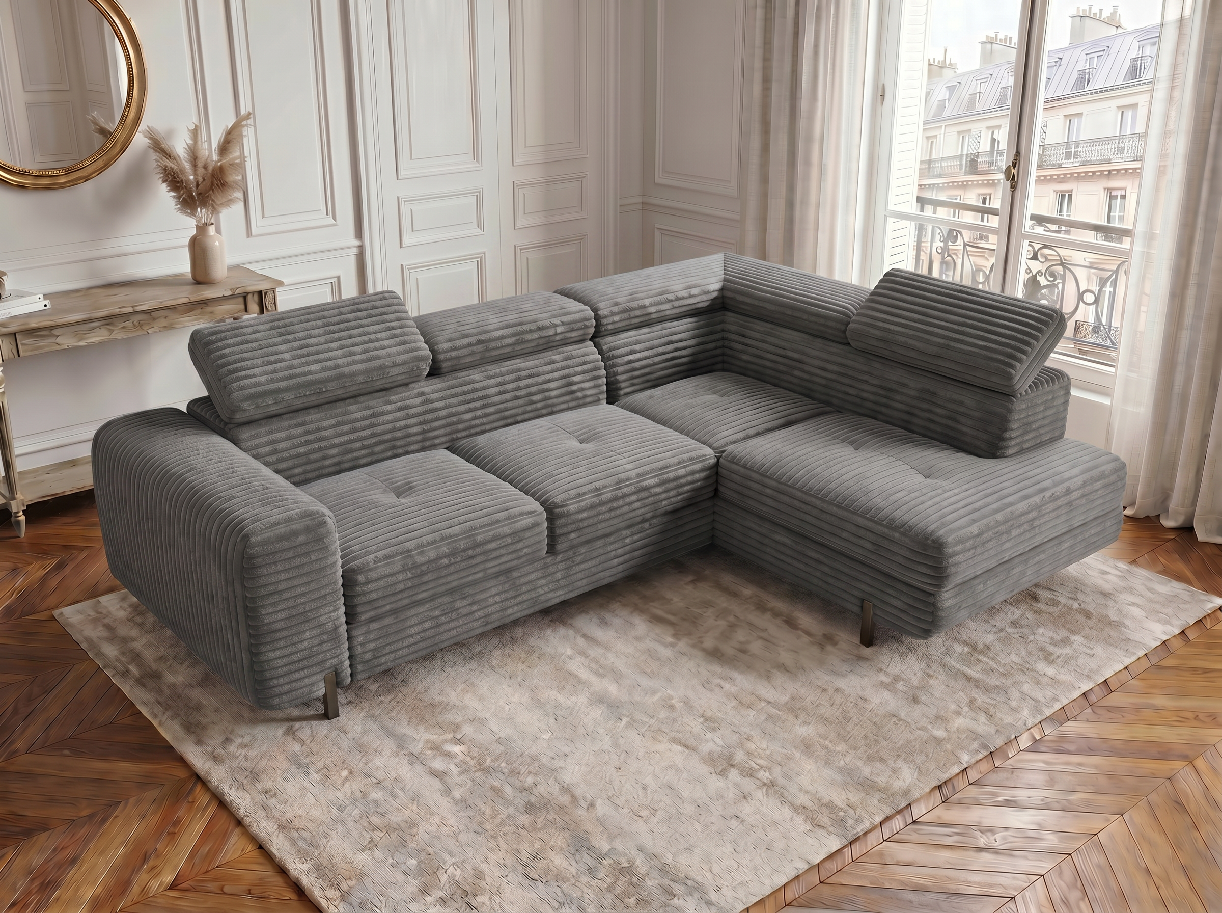 Canapé d'angle convertible Iéna – Velours côtelé épais gris clair – photo 4