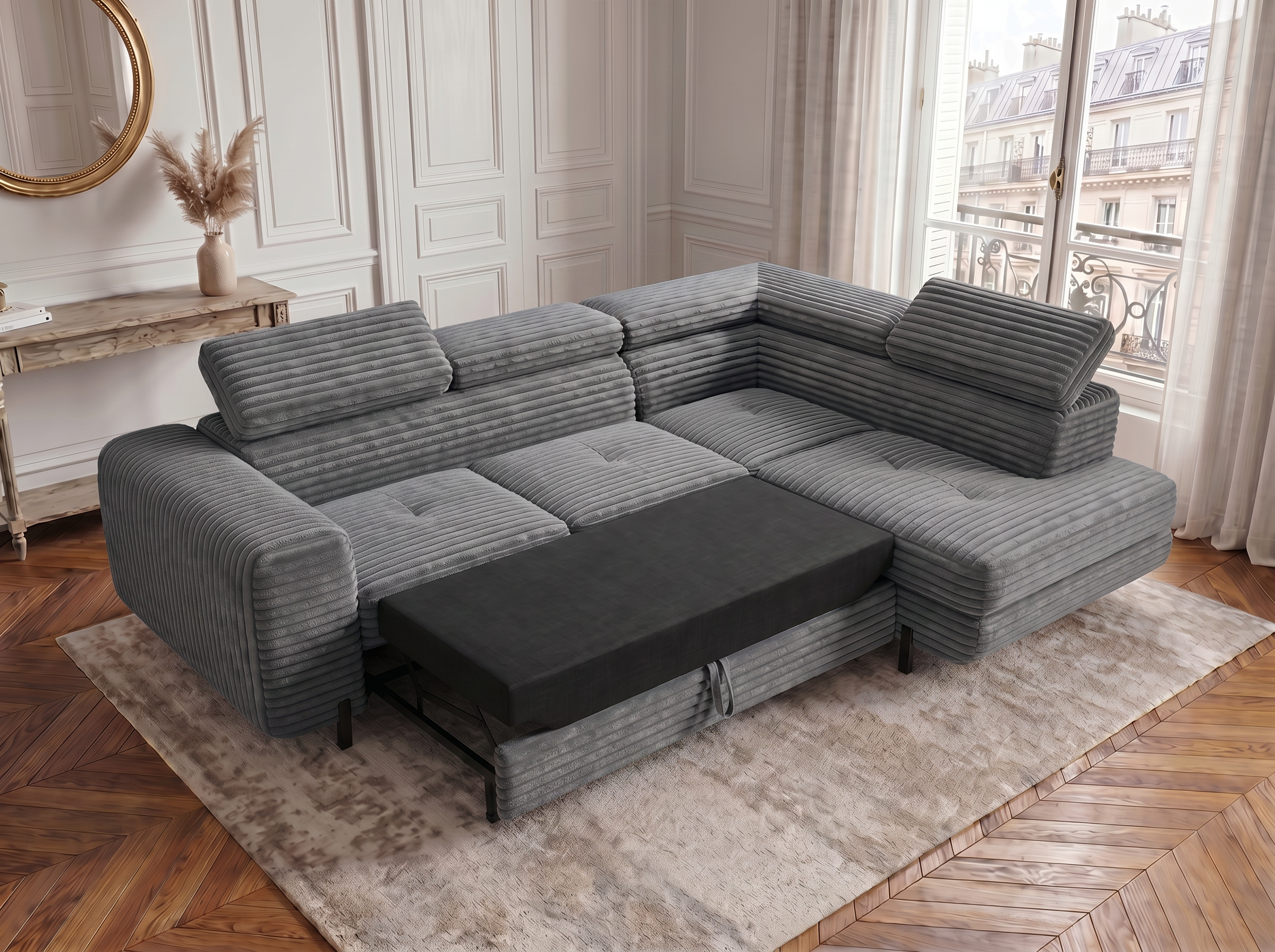 Canapé d'angle convertible Iéna – Velours côtelé épais gris clair – photo 5