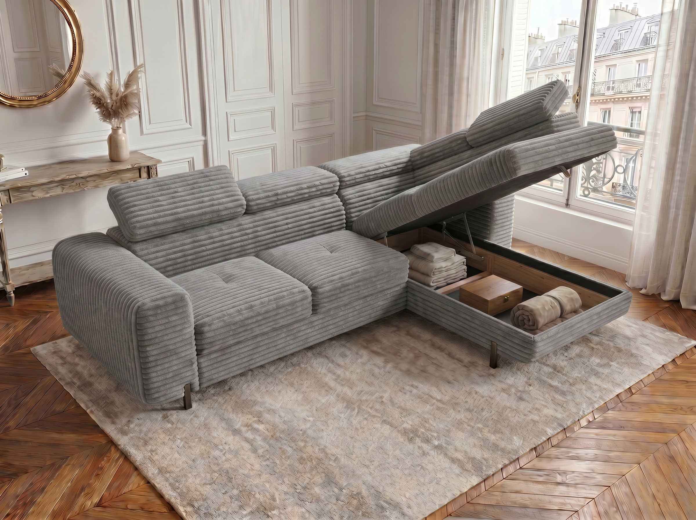 Canapé d'angle convertible Iéna – Velours côtelé épais gris clair – photo 6