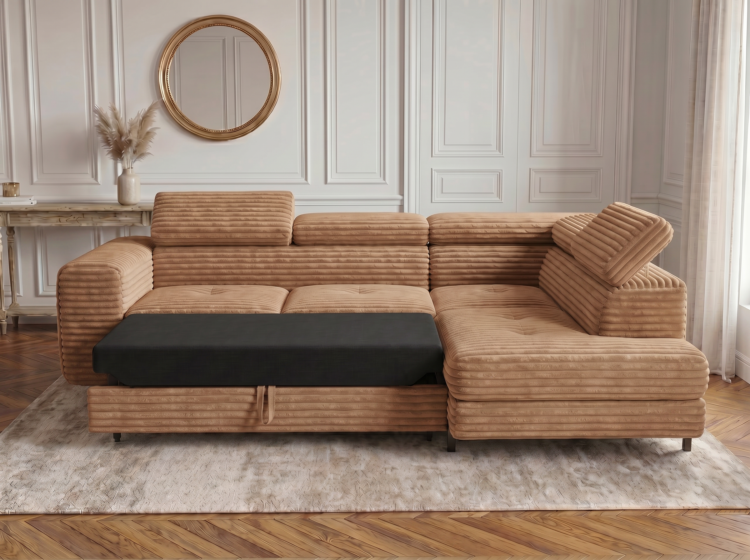 Canapé d'angle convertible Iéna – Velours côtelé épais terracotta – photo 2