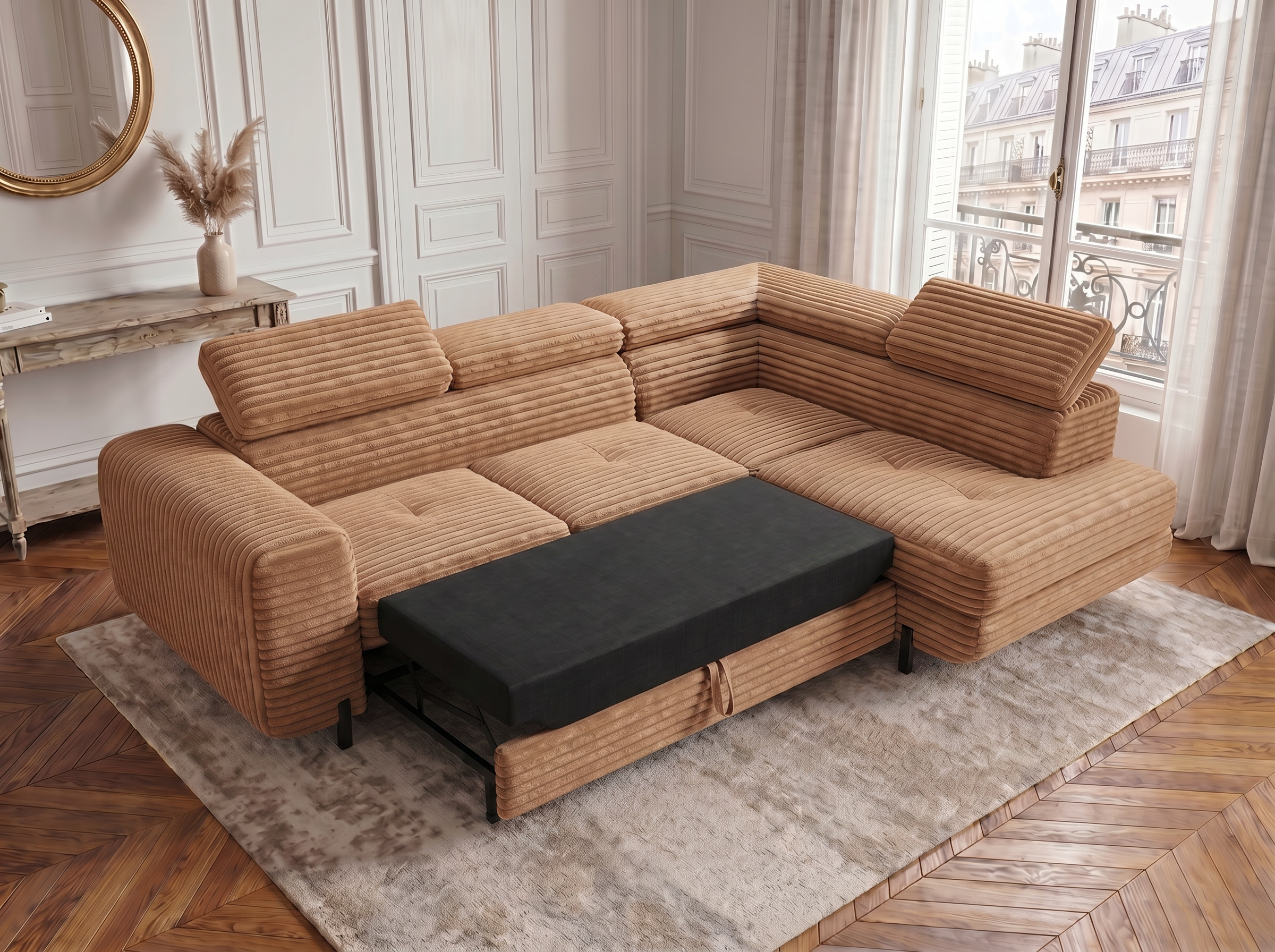 Canapé d'angle convertible Iéna – Velours côtelé épais terracotta – photo 5