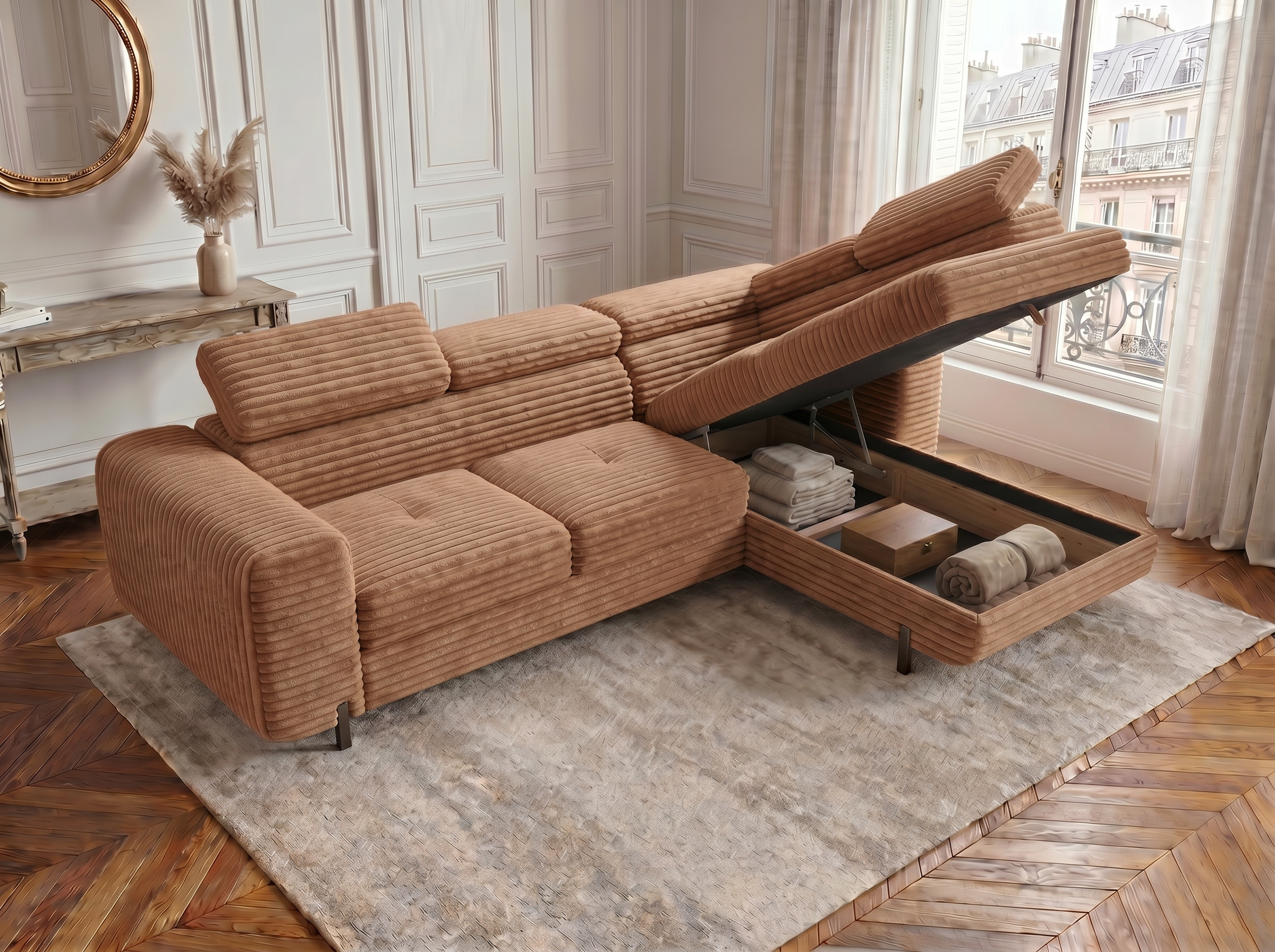 Canapé d'angle convertible Iéna – Velours côtelé épais terracotta – photo 6