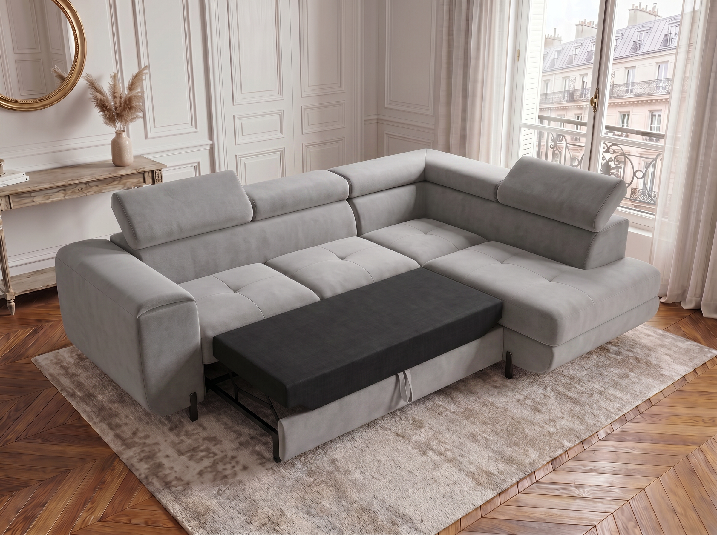 Canapé d'angle convertible Iéna – Velours gris clair – photo 5