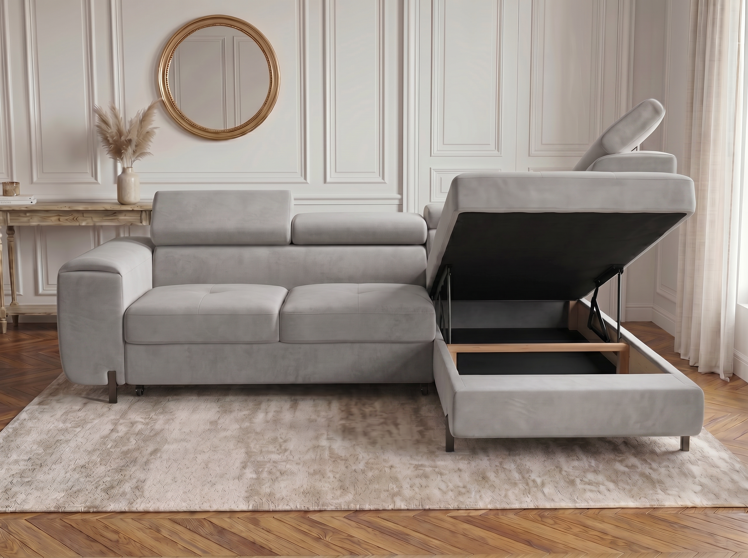 Canapé d'angle convertible Iéna – Velours gris clair – photo 6