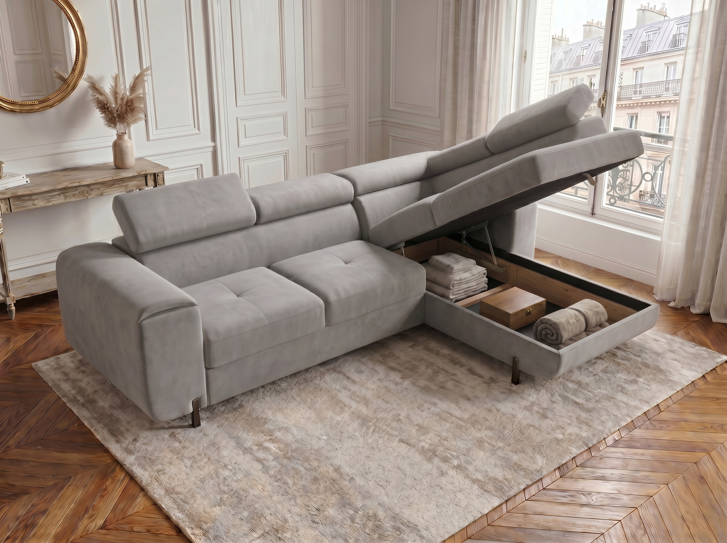 Canapé d'angle convertible Iéna – Velours gris clair – photo 7