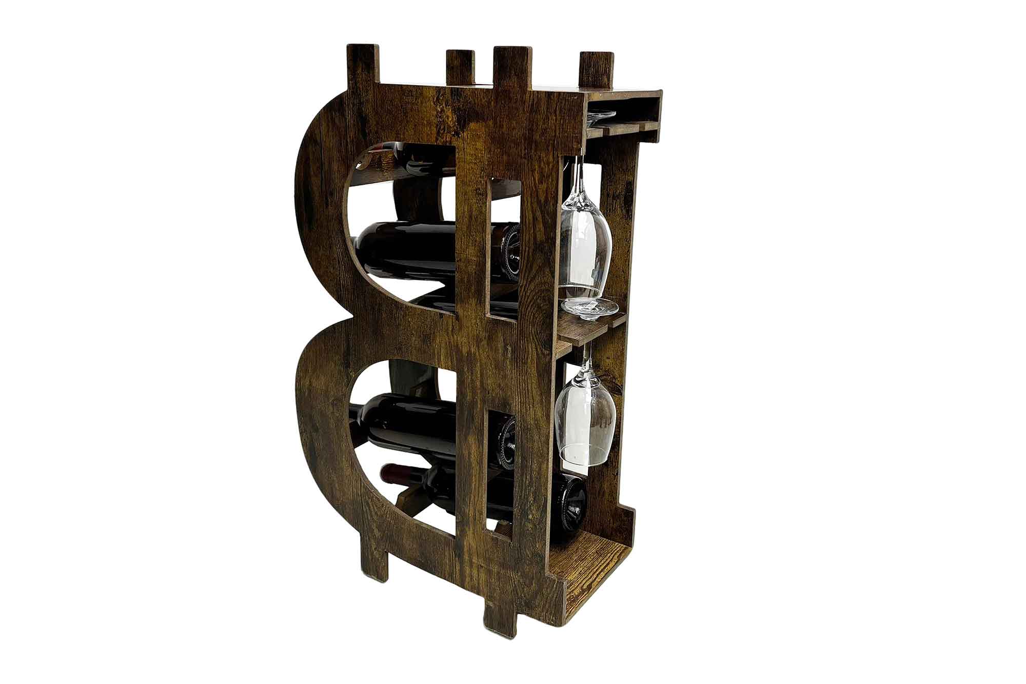 Casier à vin élégant BITCOIN 70cm étagère en bois naturel pour 10 bouteilles et 4 verres