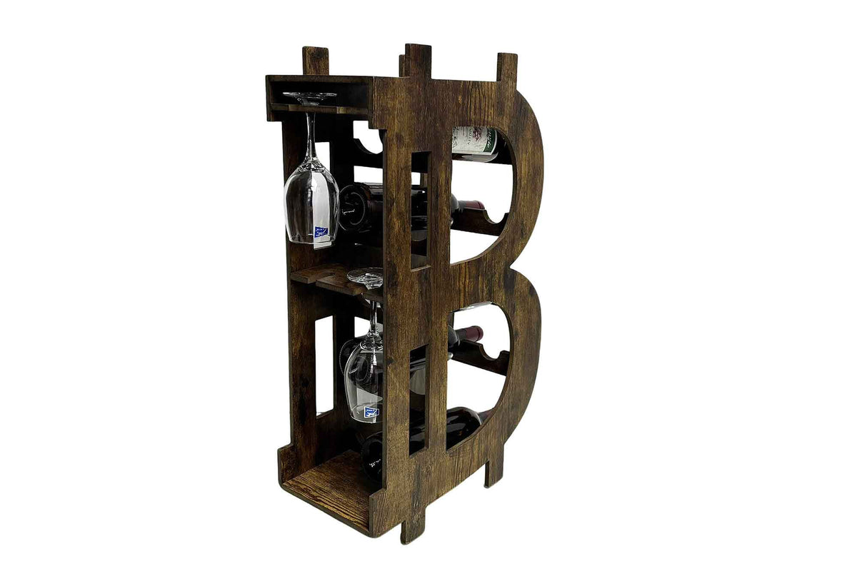 Casier à vin élégant BITCOIN 70cm étagère en bois naturel pour 10 bouteilles et 4 verres