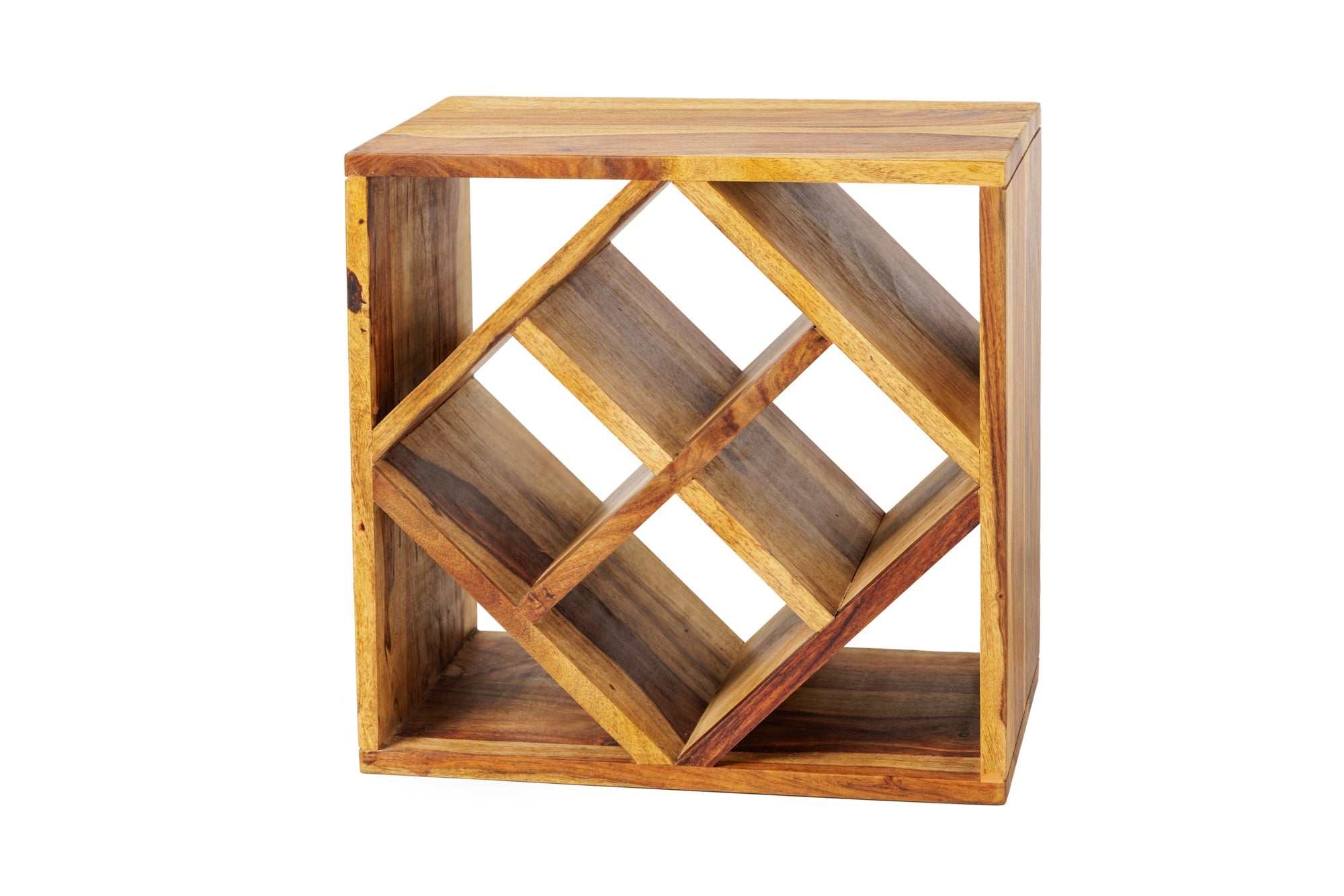 Botellero de madera maciza CUBUS 40 cm marrón Sheesham acabado piedra mesa auxiliar hecha a mano