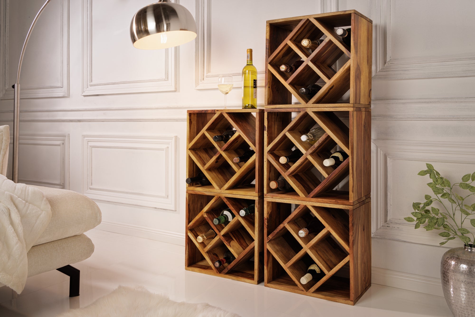 Botellero de madera maciza CUBUS 40 cm marrón Sheesham acabado piedra mesa auxiliar hecha a mano