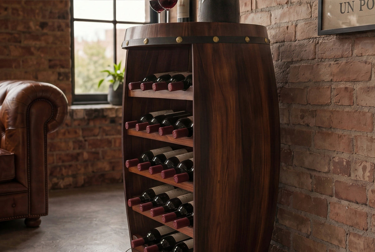 Casier à vin massif BODEGA 80cm table de bar tonneau en pin marron café pour 23 bouteilles
